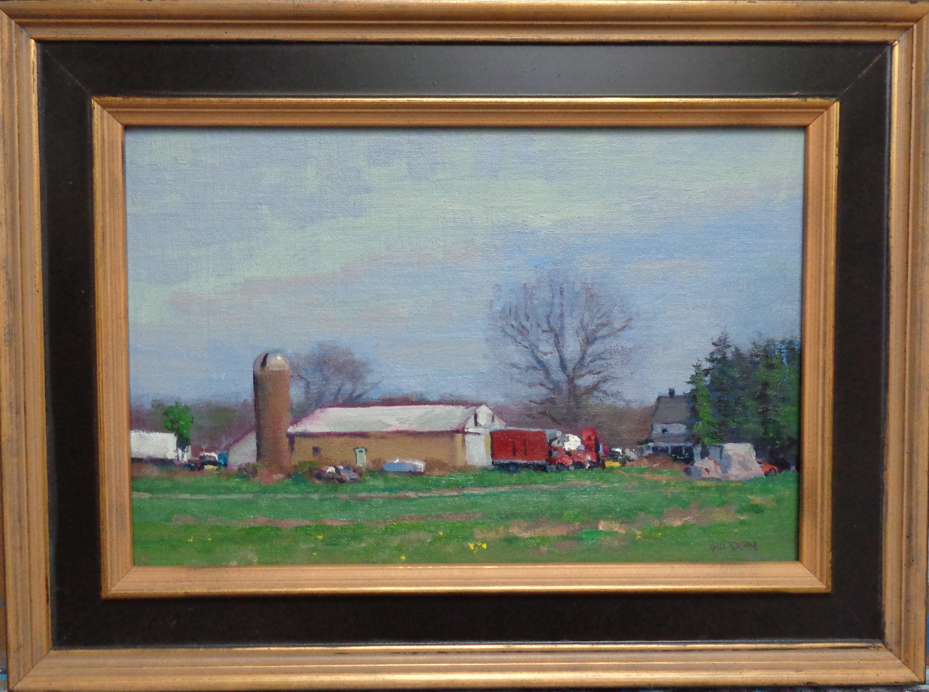 Scène de ferme est un paysage impressionniste peint à l'huile en plein air près de mon studio en 2020. La peinture est sur un panneau de toile et exsude les riches qualités de la peinture à l'huile avec des couleurs vives et fortes, une variété de