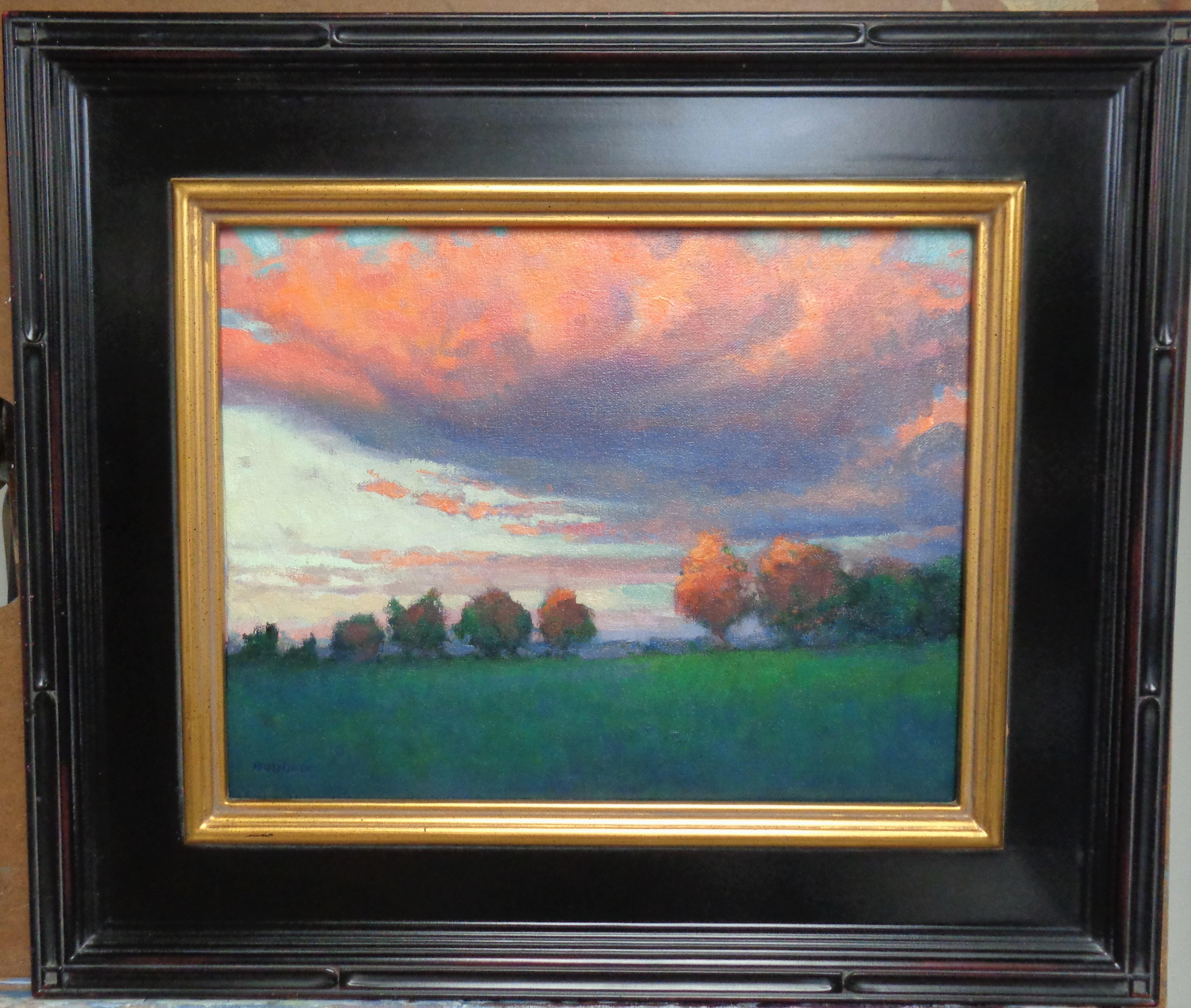 "Inspiration II " is a beautiful impressionistic sunset landscape oil painting that I did of a farm near my studio in 2020. The painting is on a canvas panel and exudes the rich qualities of oil paint with bright strong color, a variety of lost and