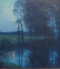 Impressionistic Rural Pond Moonlight Landscape Oil Painting by Michael Budden