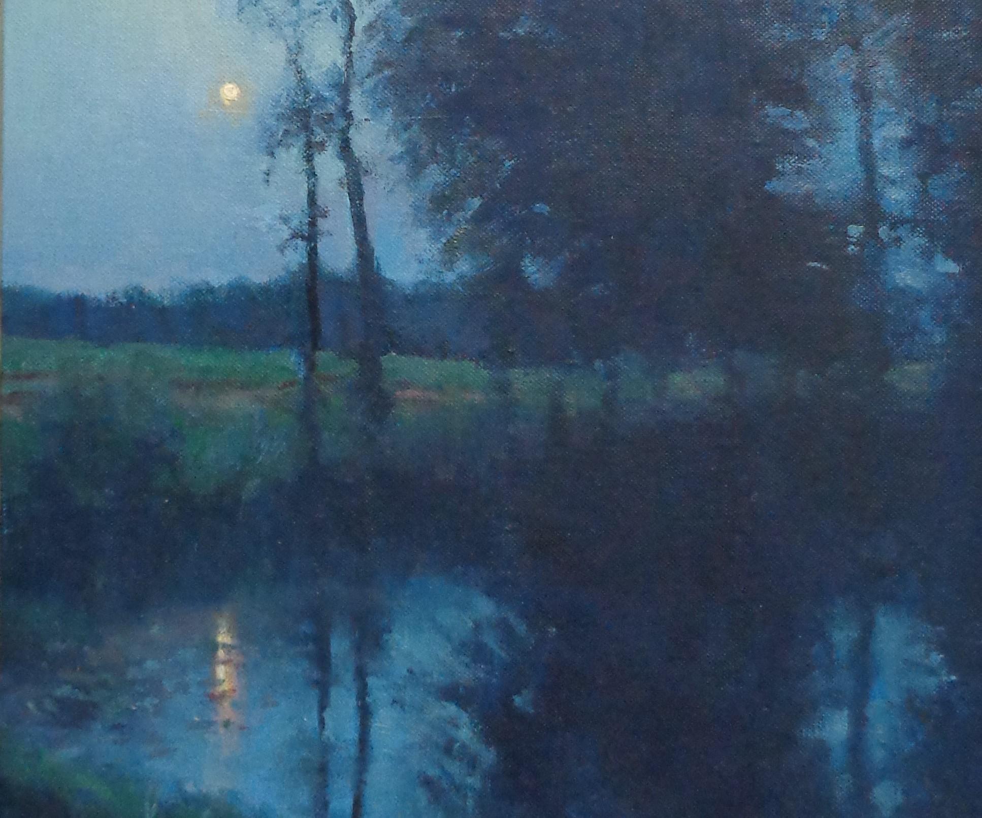 Pintura al óleo Paisaje rural impresionista Estanque a la luz de la luna por Michael Budden 2
