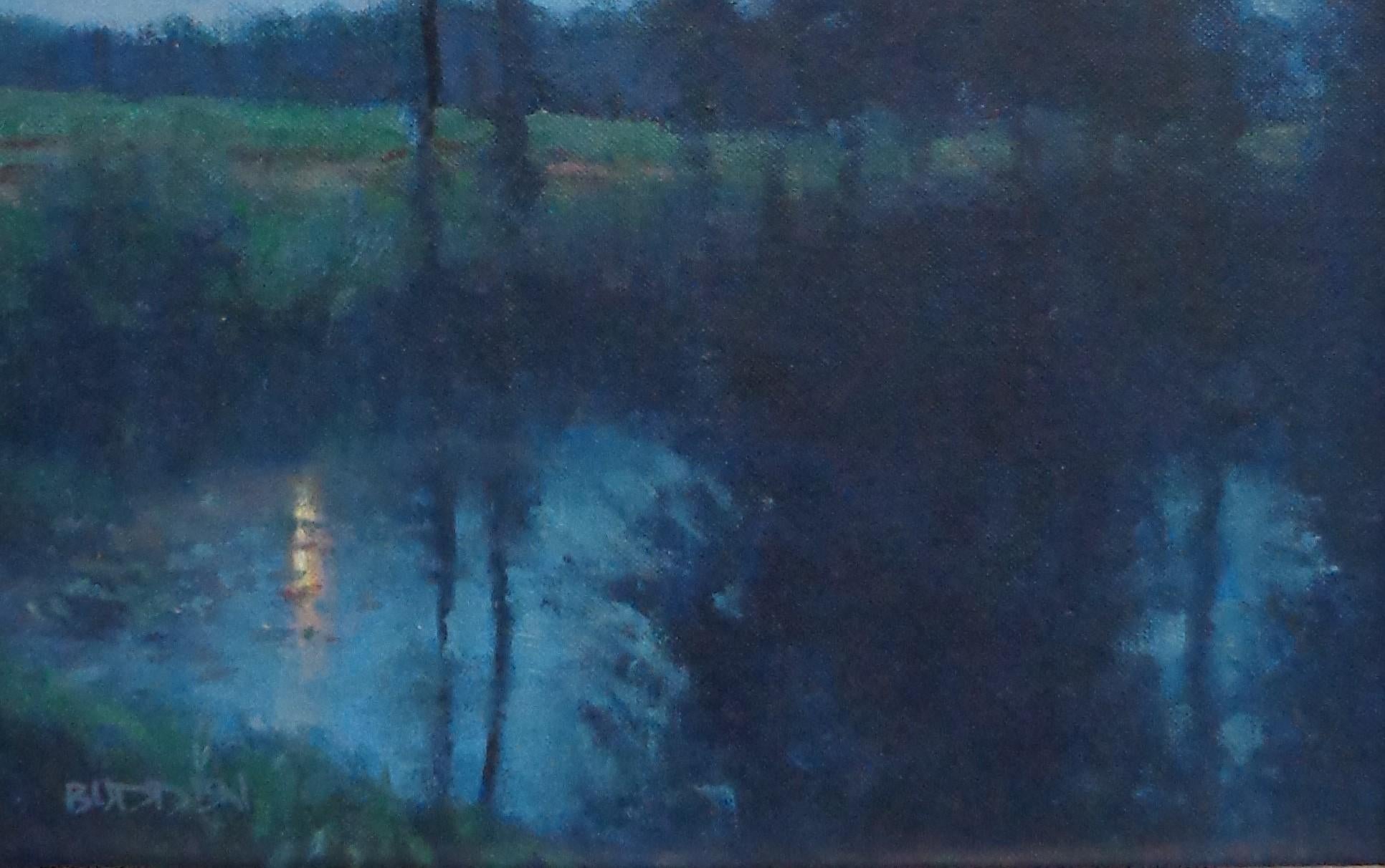 An oil painting on canvas that showcases a beautiful moon lit rural scene with reflections in a pond. The image measure 12 x 16 unframed housed in a new silver frame.

ARTIST'S STATEMENT
I have been in the art business as an artist and dealer since