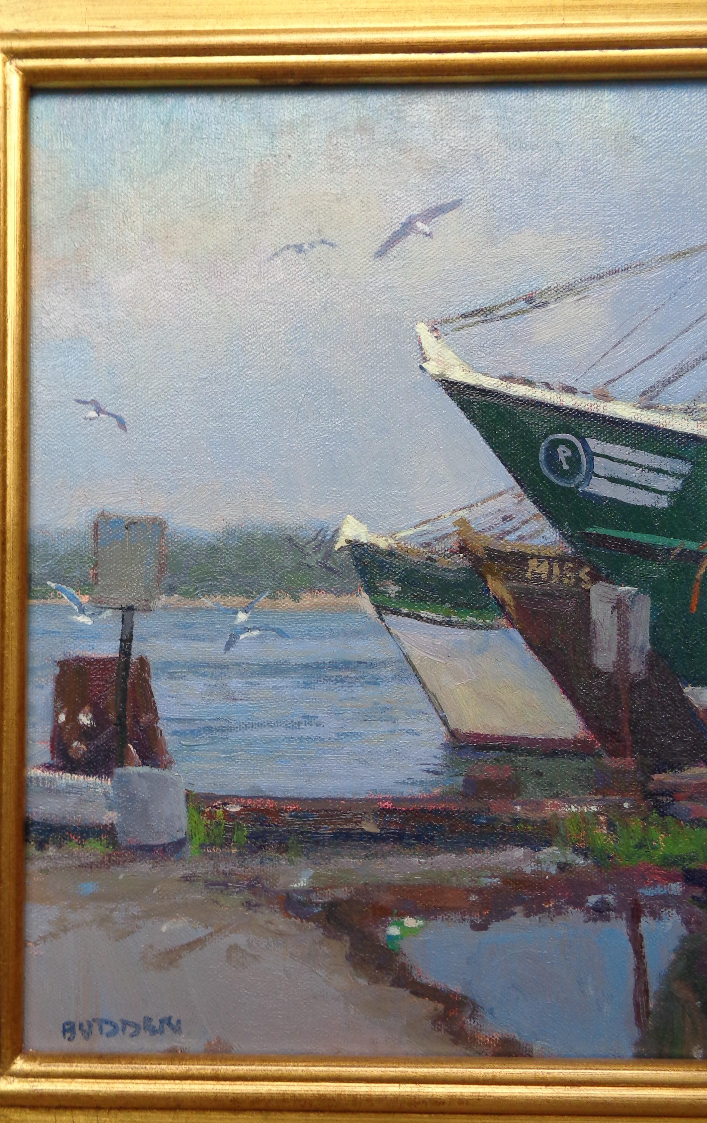 In For The Afternoon is a beautiful  oil painting on canvas by award winning contemporary artist Michael Budden that showcases 3 boats at dock painted on location in Pt Pleasant NJ. The boats are professional fishing vessels that do not go out on