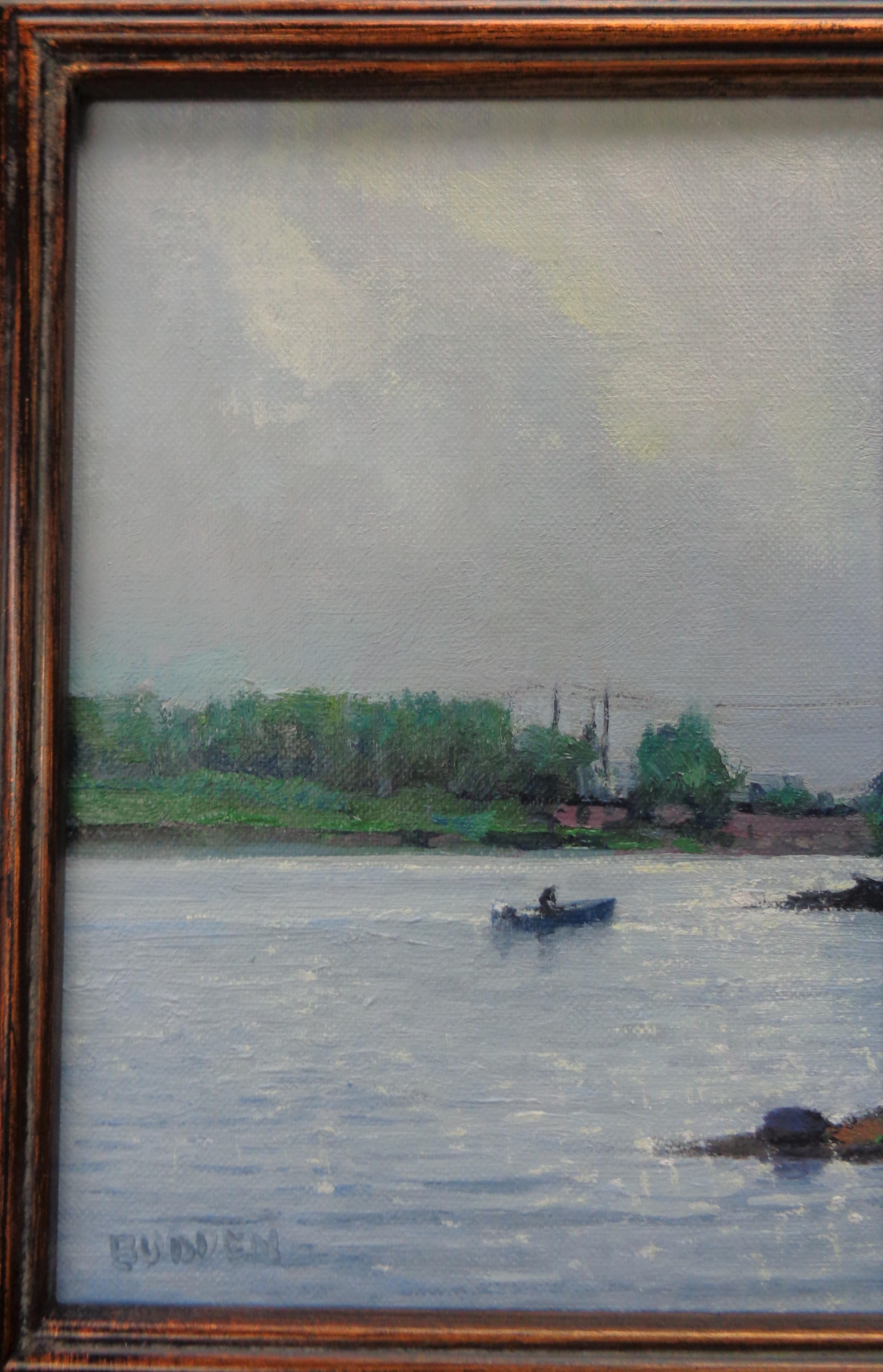  Impressionistic Seascape Boat Painting Michael Budden Morning Grays, Mystic CT For Sale 1