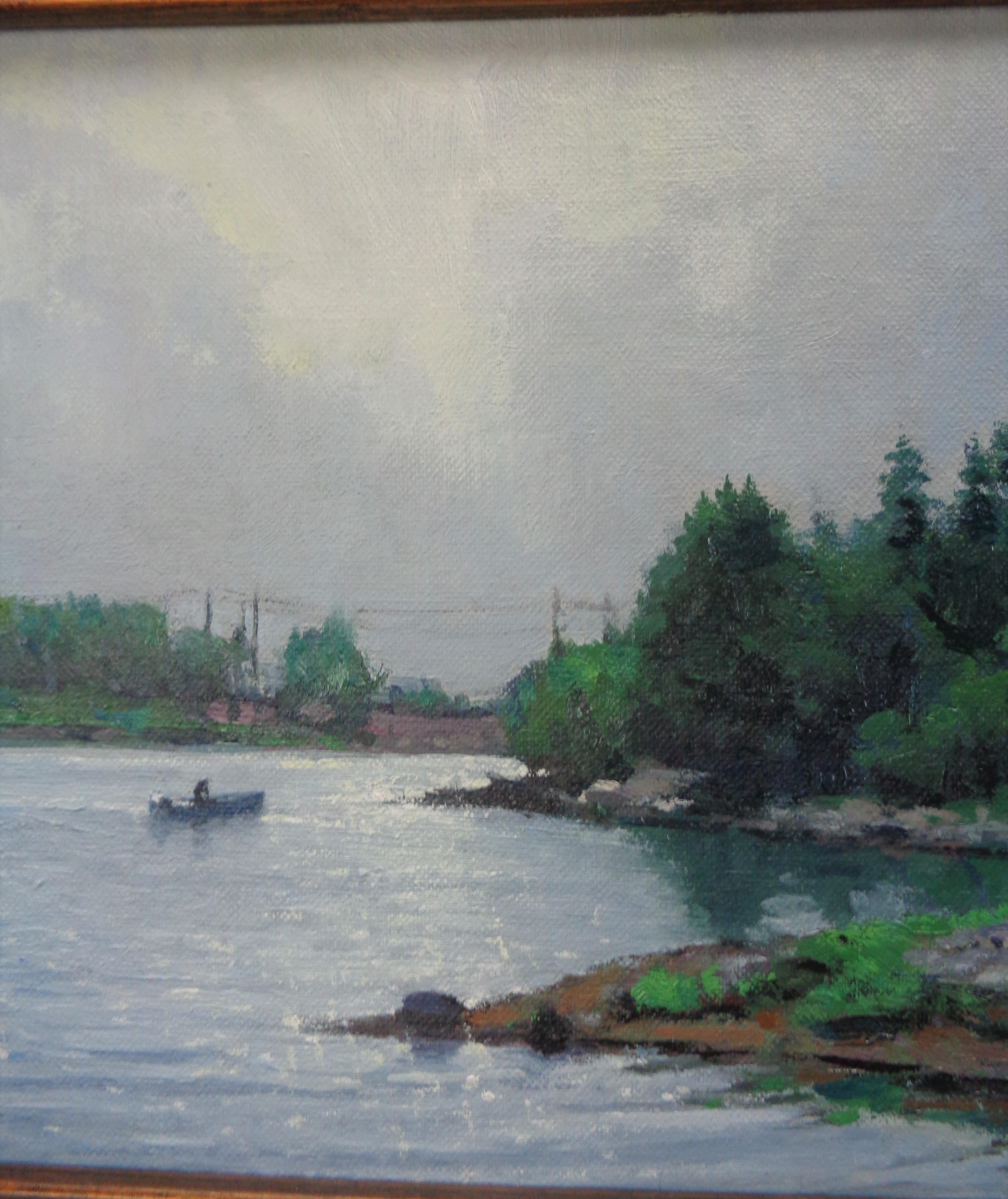  Impressionistic Seascape Boat Painting Michael Budden Morning Grays, Mystic CT For Sale 2