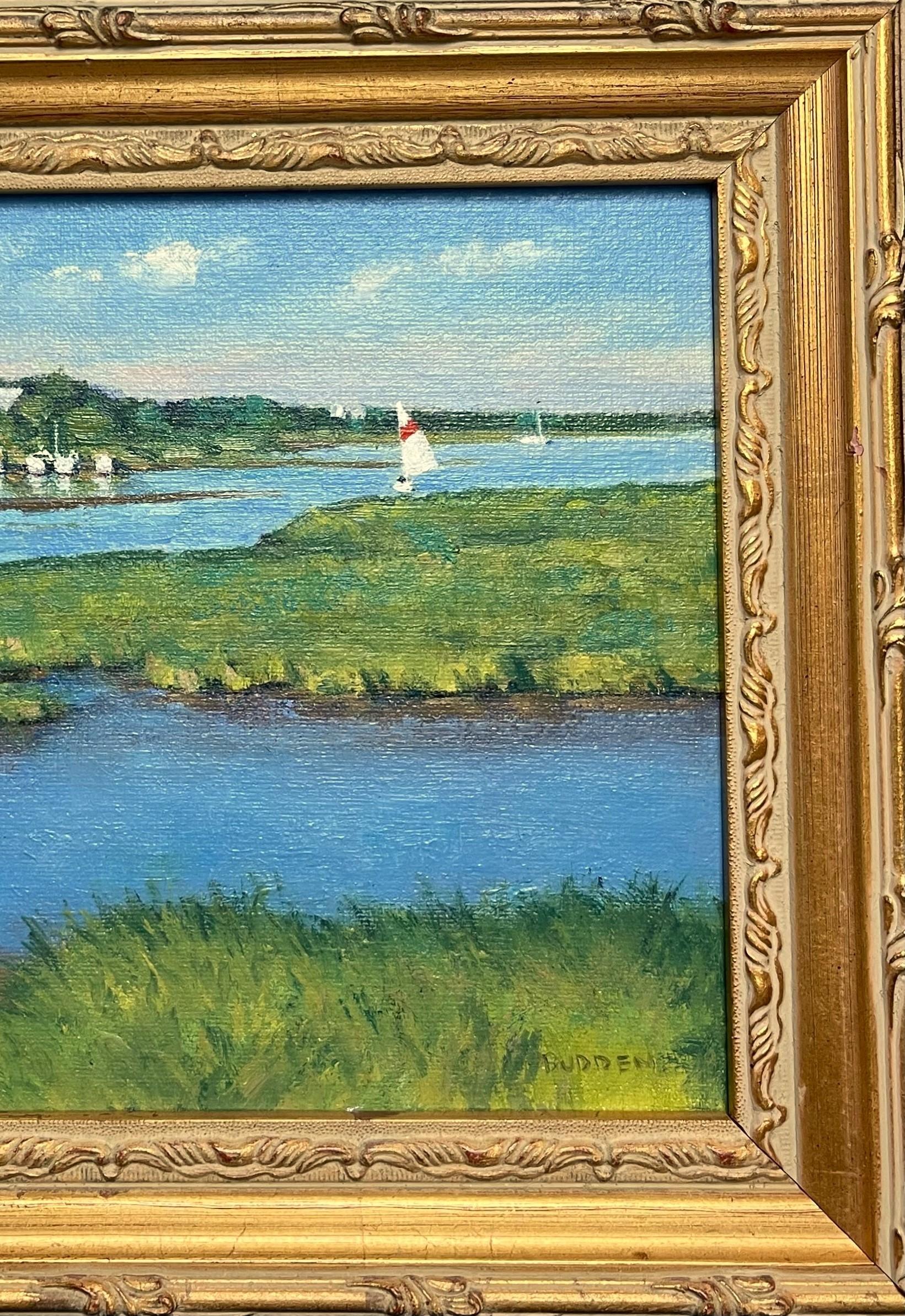 Backwater Hideaway, Rhode Island
oil/panel
8 x 10 image unframed 10.5 x 12.5 framed as pictured.
 is a beautiful  oil painting on canvas panel by award winning contemporary artist Michael Budden that showcases a marine in this hidden backwater area