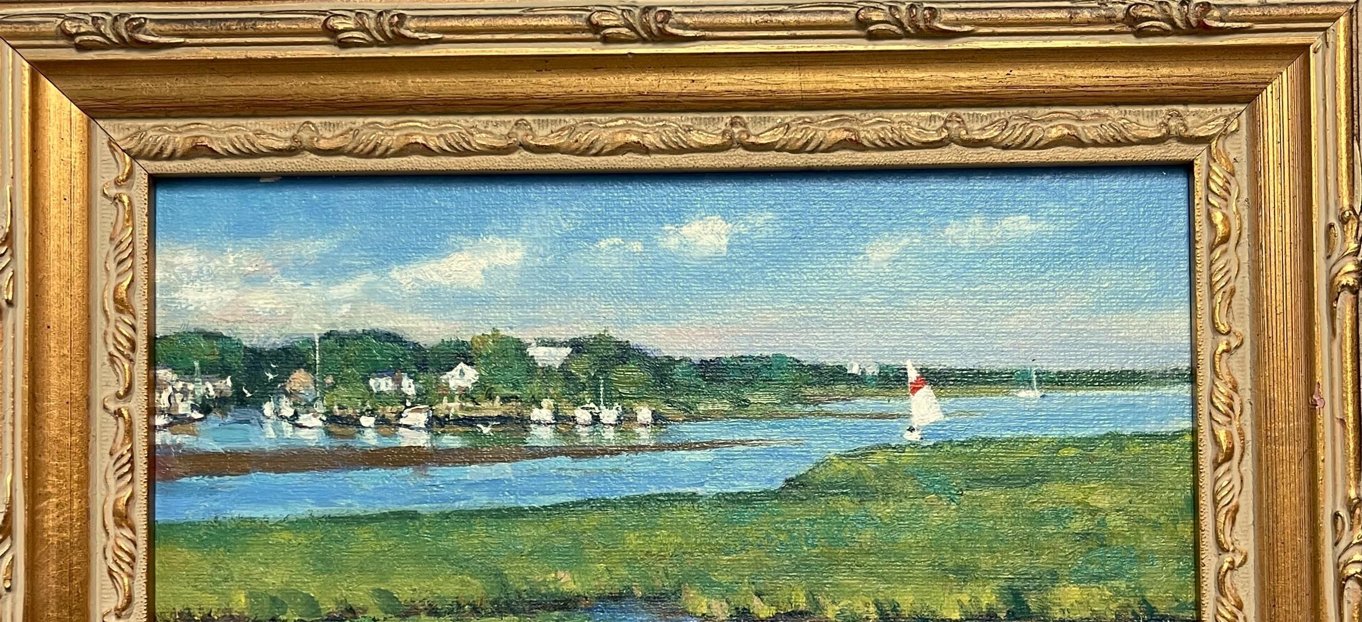 Pittura impressionistica di Marin Mike Budden Backwater Hideaway Boats - Landscape Painting Marrone di Michael Budden