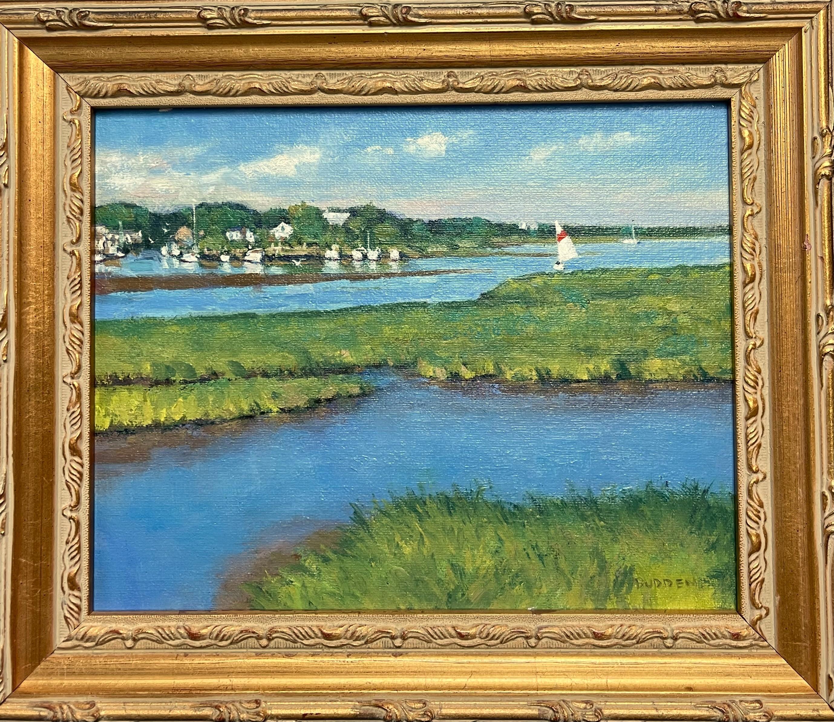 Landscape Painting di Michael Budden - Pittura impressionistica di Marin Mike Budden Backwater Hideaway Boats