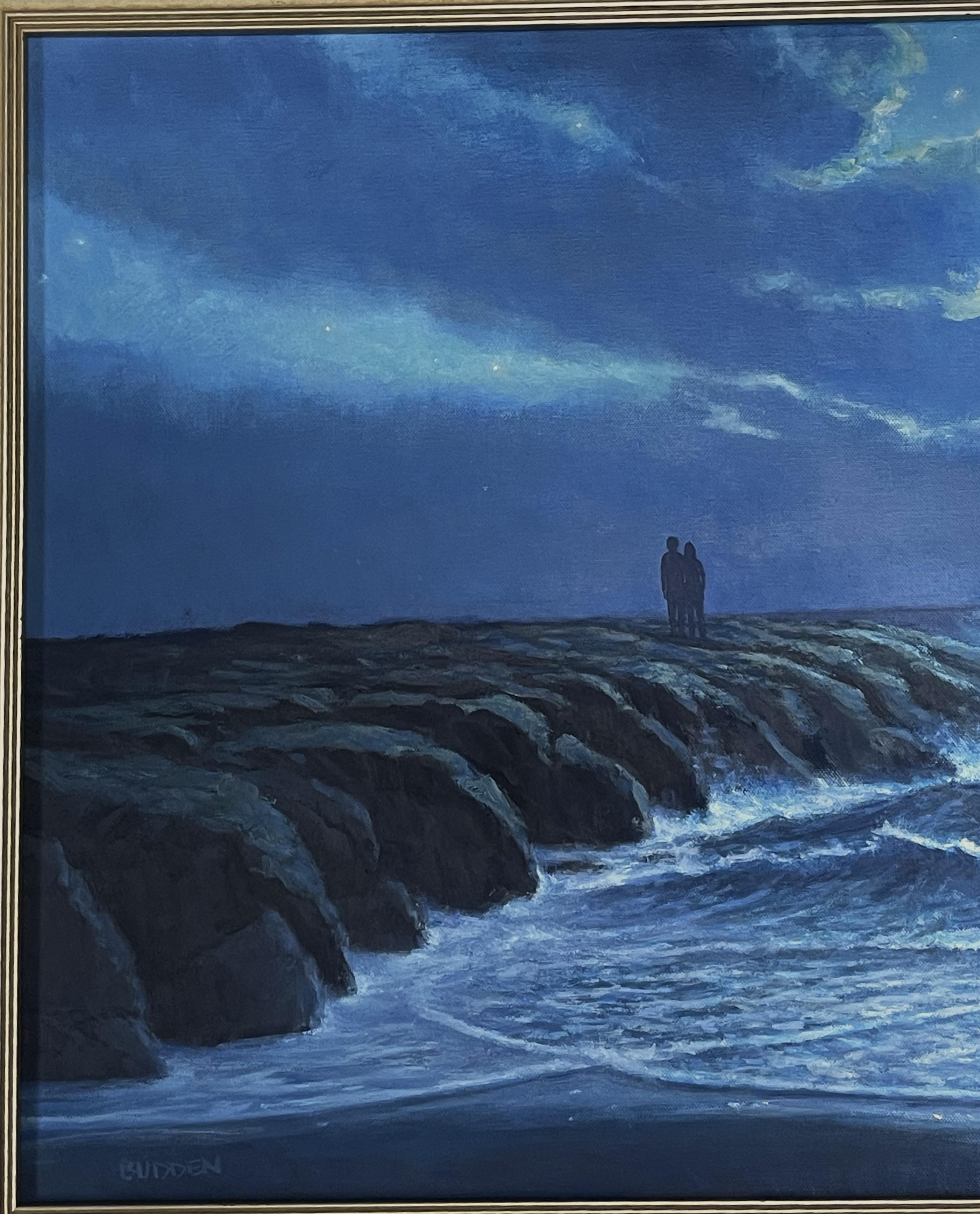 Pittura impressionistica di paesaggio marino notturno di Michael Budden al chiaro di luna serale in vendita 1