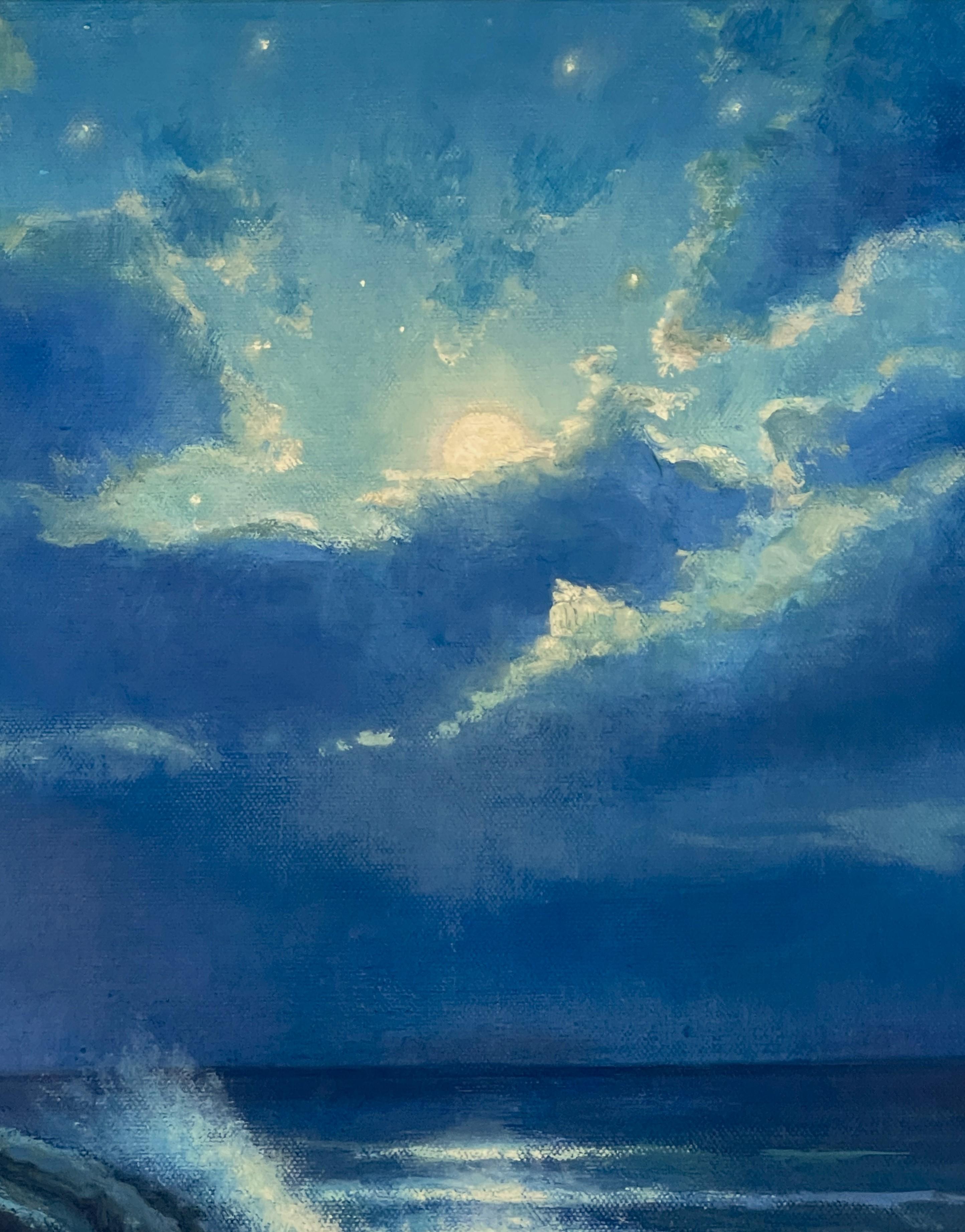 Pittura impressionistica di paesaggio marino notturno di Michael Budden al chiaro di luna serale in vendita 3