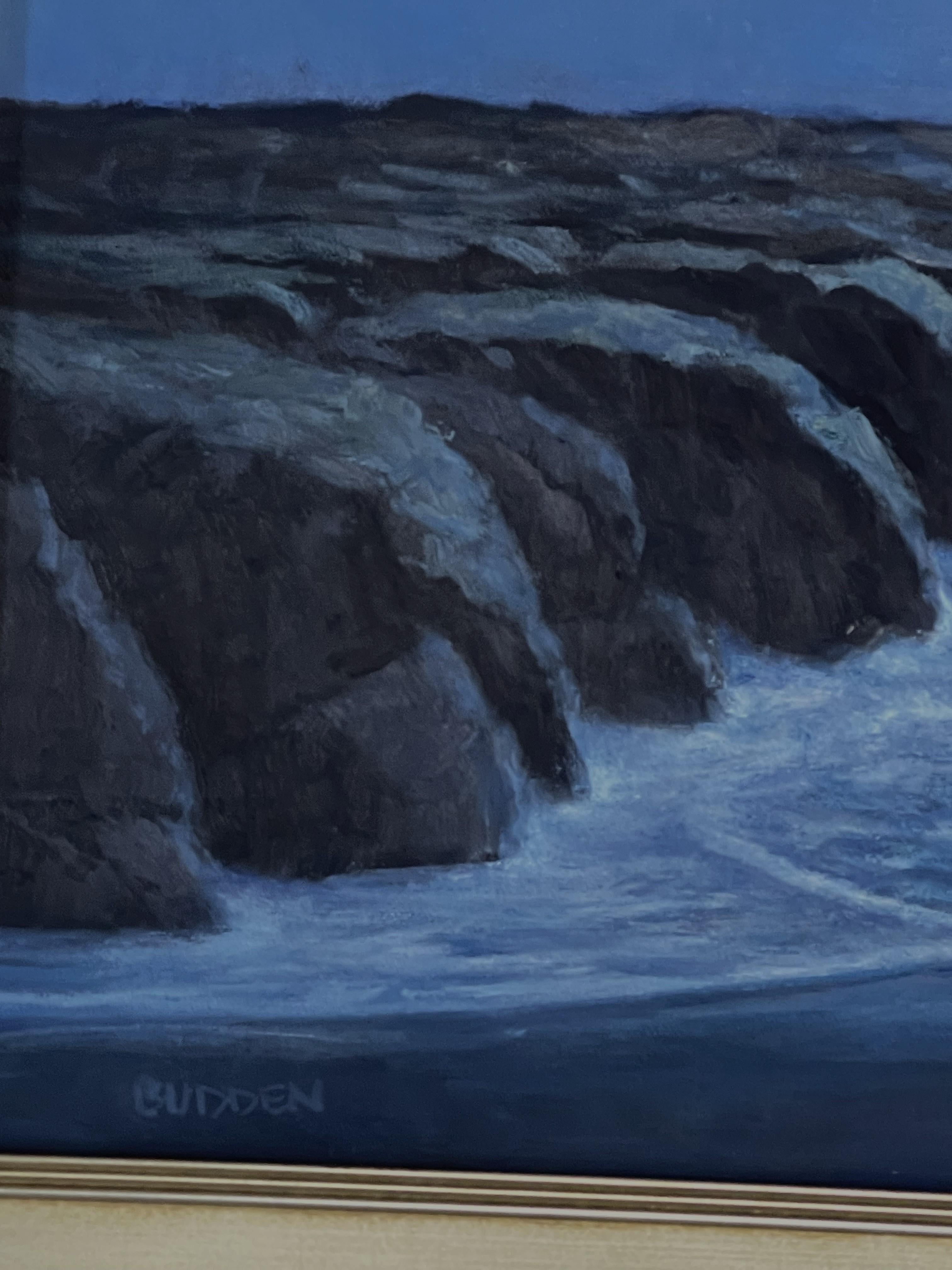 Pittura impressionistica di paesaggio marino notturno di Michael Budden al chiaro di luna serale in vendita 4