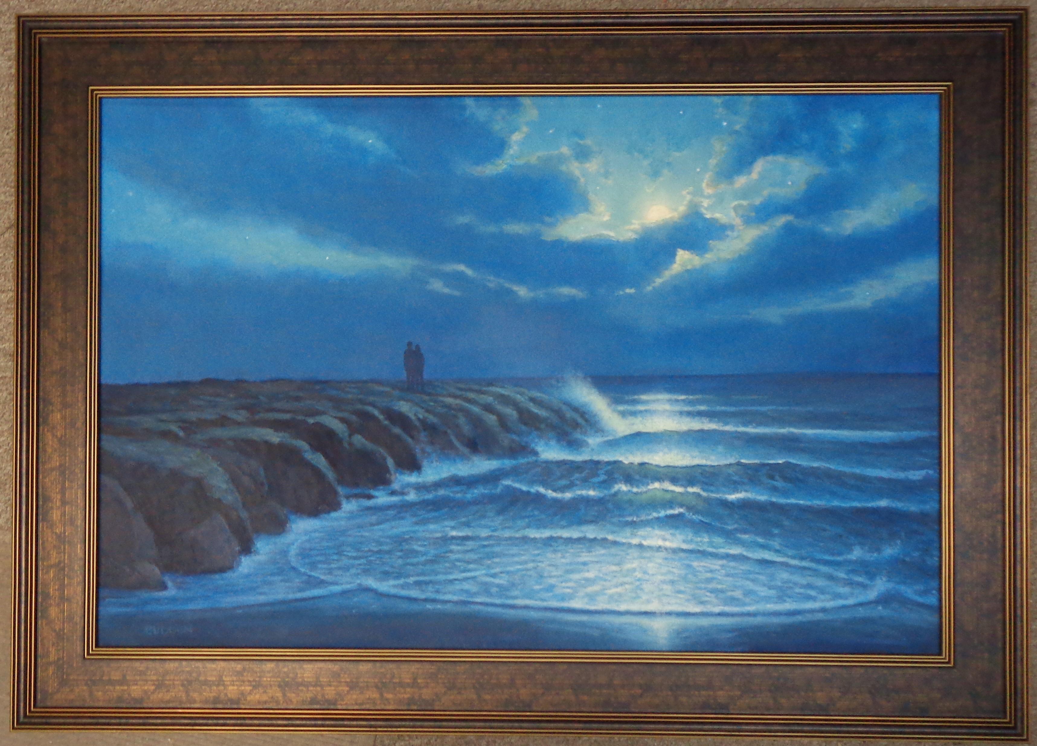 Pittura impressionistica di paesaggio marino notturno di Michael Budden al chiaro di luna serale in vendita 7