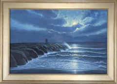 Pintura Impresionista Paisaje Marino Nocturno Michael Budden Atardecer Luz de Luna