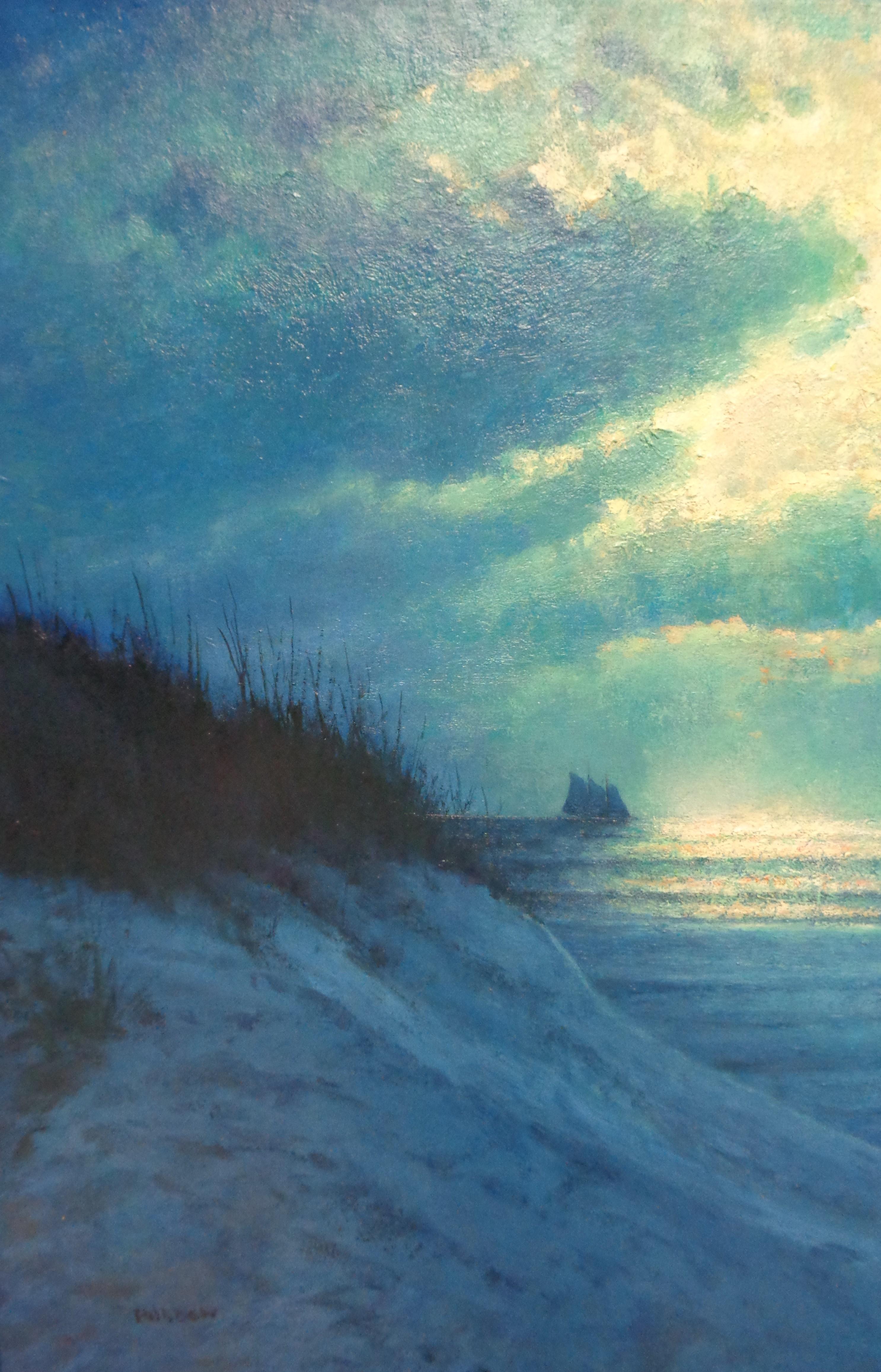 Moonlight Light Sailing
oil/canvas 26 x 26 image unframed
Moonlight Sailing  is an oil painting on canvas by award winning contemporary artist Michael Budden that showcases a beautiful and dramatic moonlit view of the ocean thru the dunes and beach
