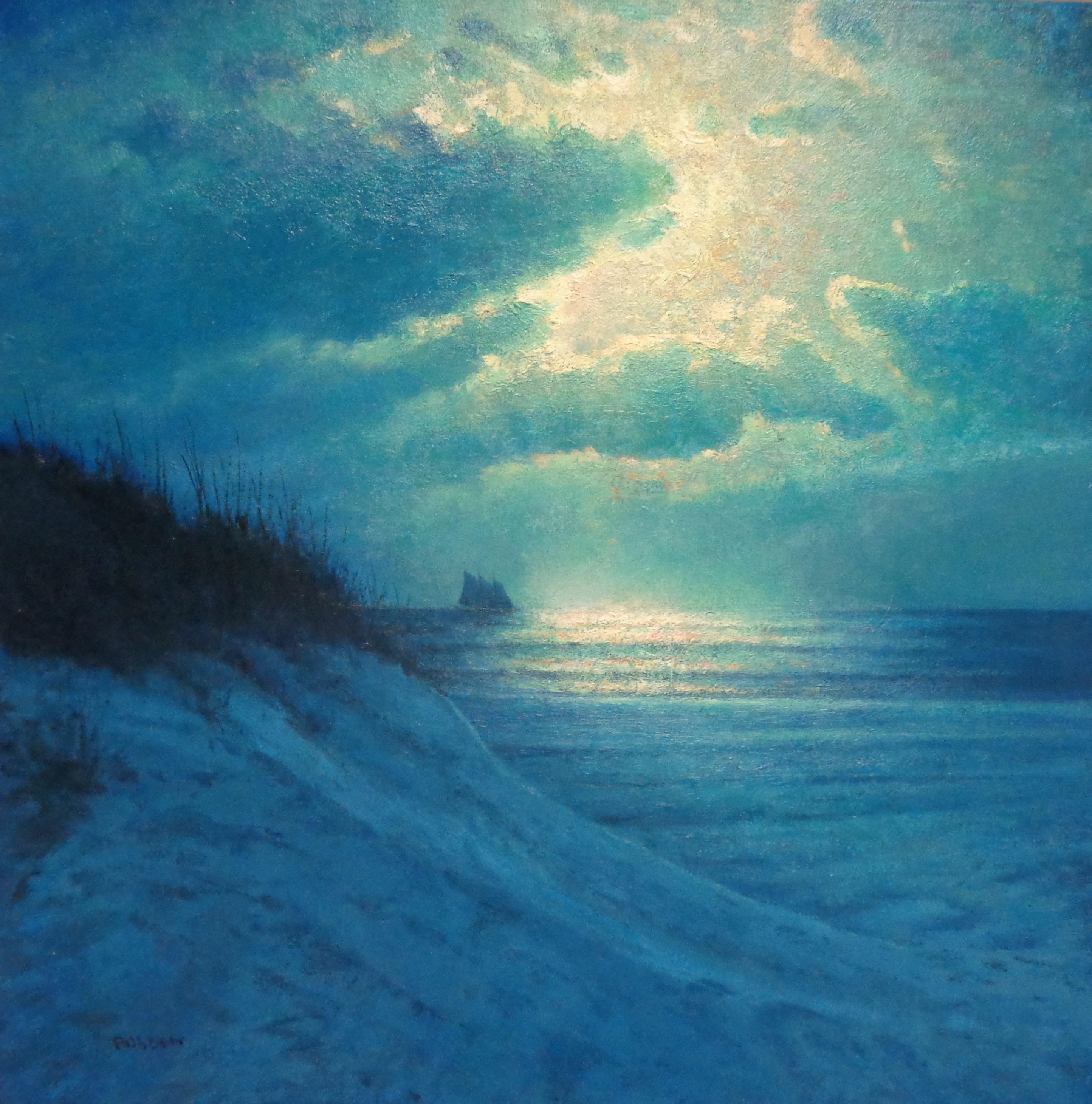 Pittura impressionistica paesaggio marino notturno Michael Budden Moon Light Vela in vendita 1