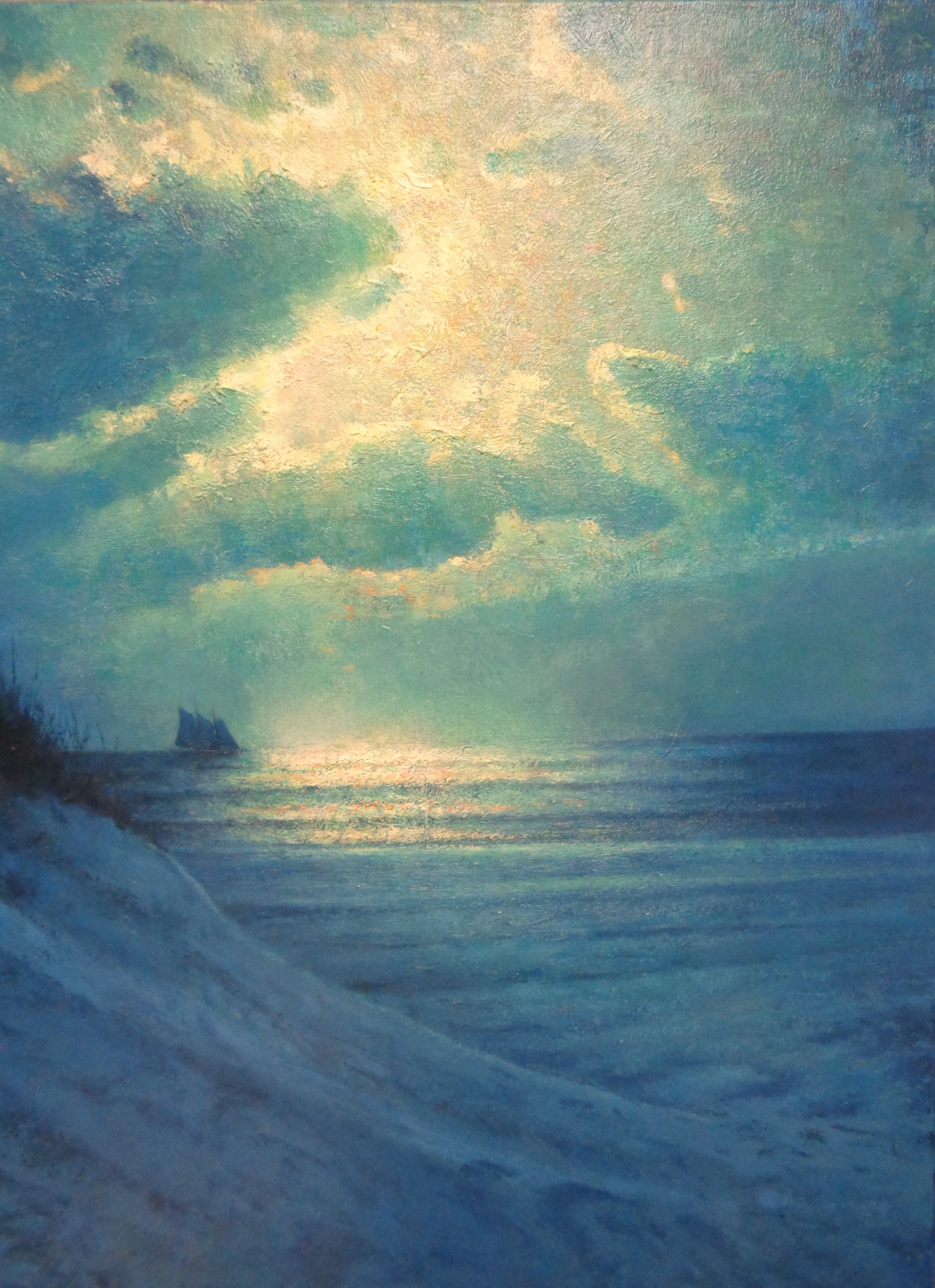 Pittura impressionistica paesaggio marino notturno Michael Budden Moon Light Vela in vendita 3
