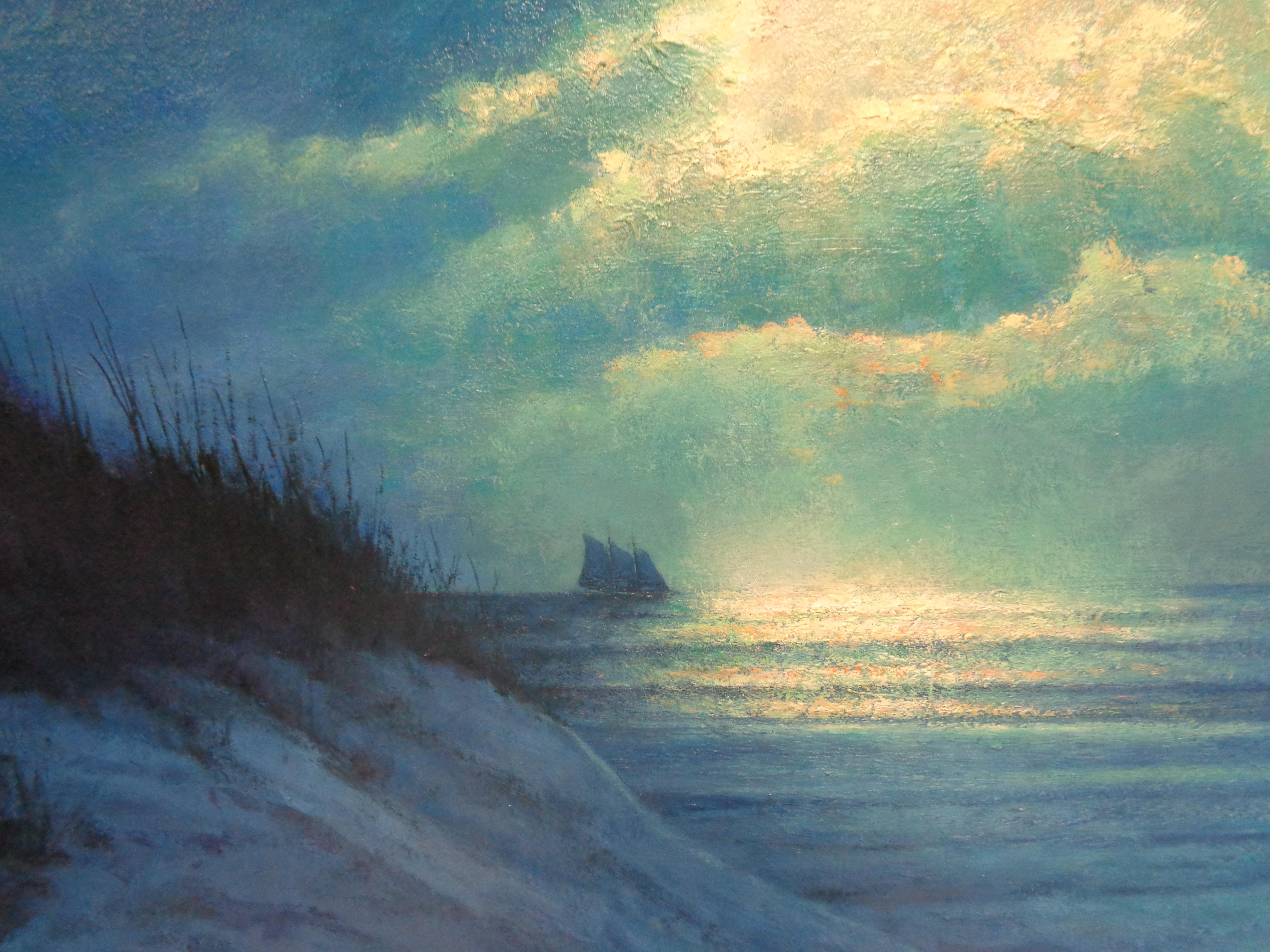 Pittura impressionistica paesaggio marino notturno Michael Budden Moon Light Vela in vendita 4
