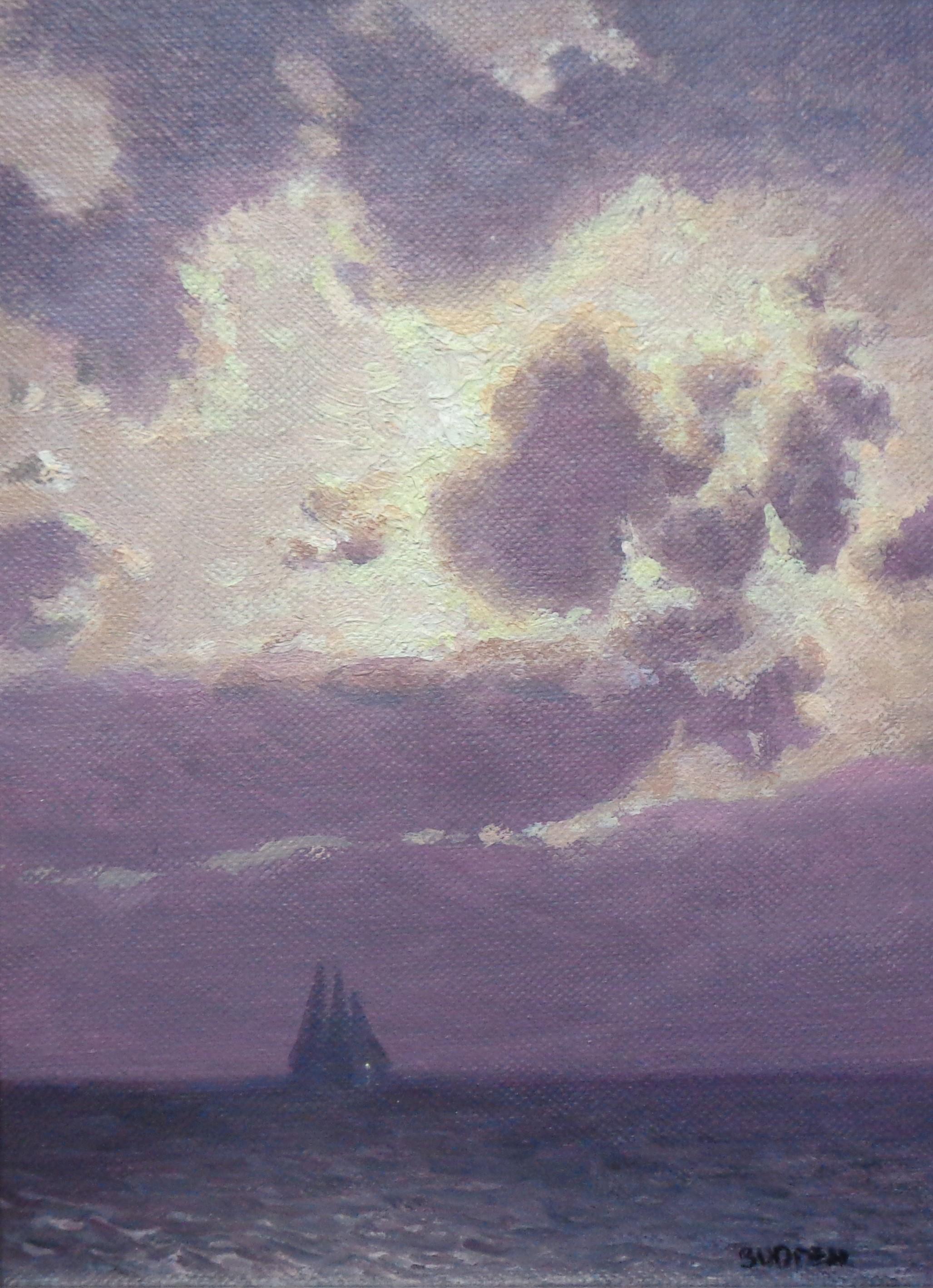 Pittura impressionistica di paesaggio marino Notturno Michael Budden Chiaro di luna in barca a vela in vendita 1