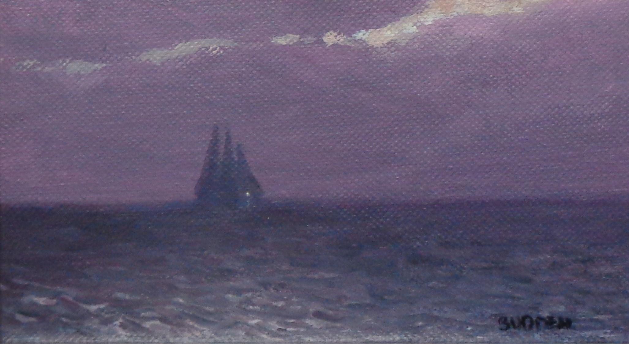 Pittura impressionistica di paesaggio marino Notturno Michael Budden Chiaro di luna in barca a vela in vendita 3