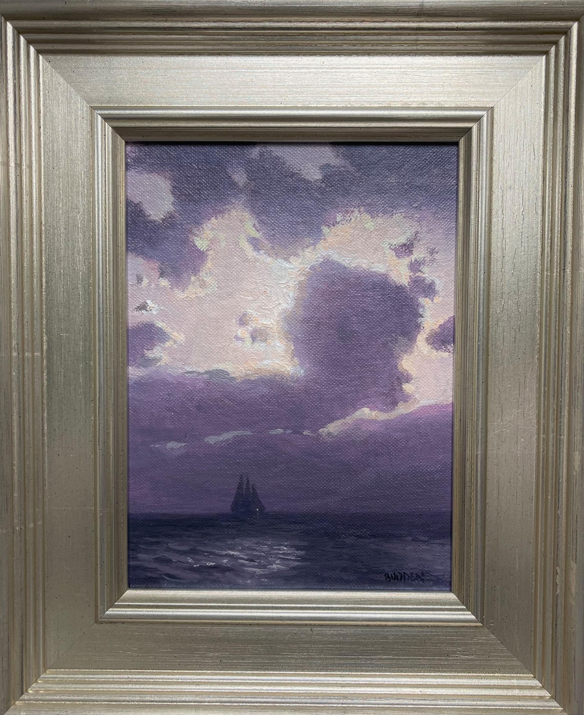  Moonrise  Sailing Iviolet) oil/panel 6 x 8 image
 Moonrise Sailing is an oil painting on canvas panel by award winning contemporary artist Michael Budden that showcases a uniquely beautiful moonlit view of the ocean. This painting is part of a