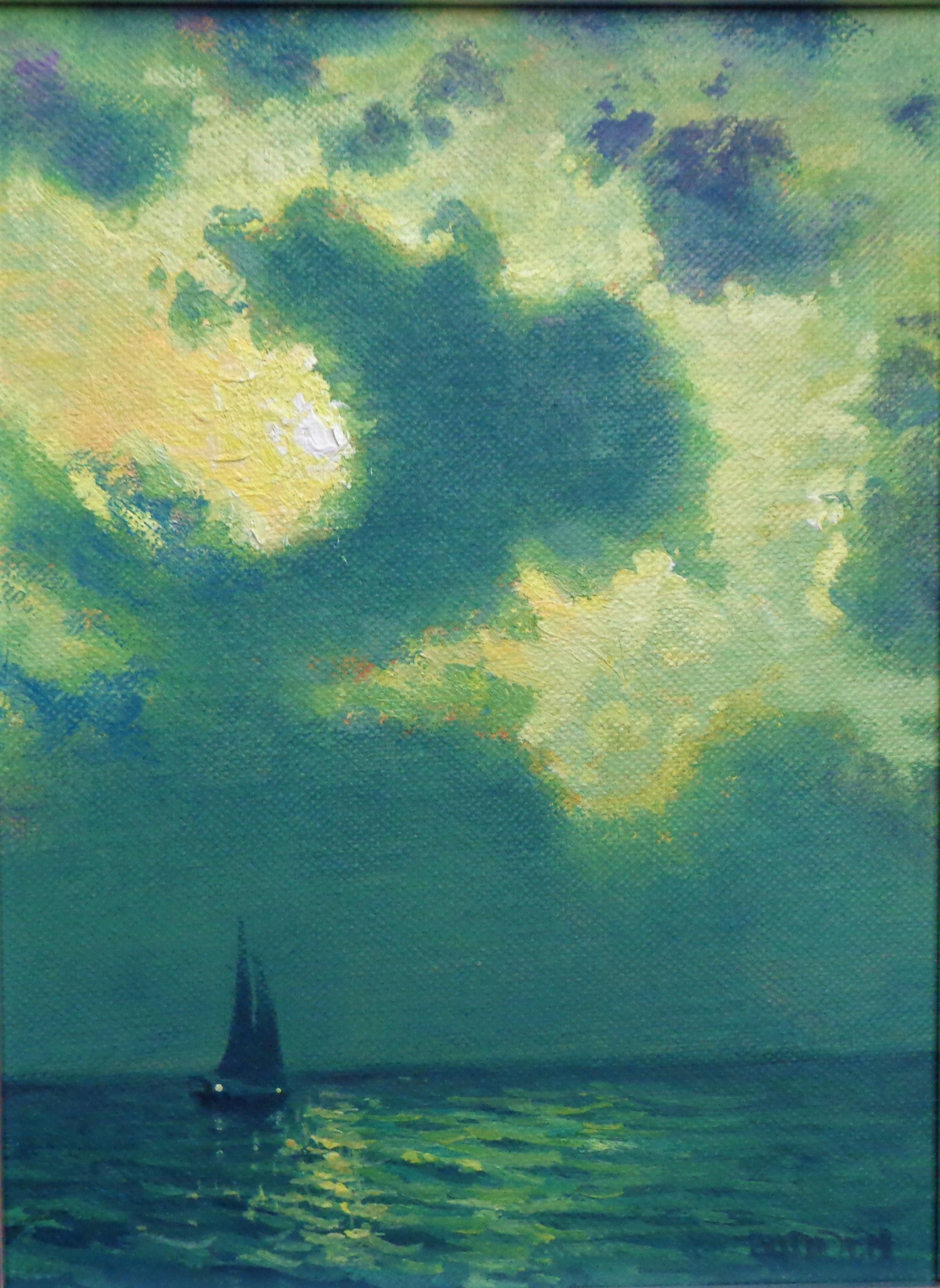 Impressionistic Seascape Nocturne Painting Michael Budden Moonlight Sailing I For Sale 1