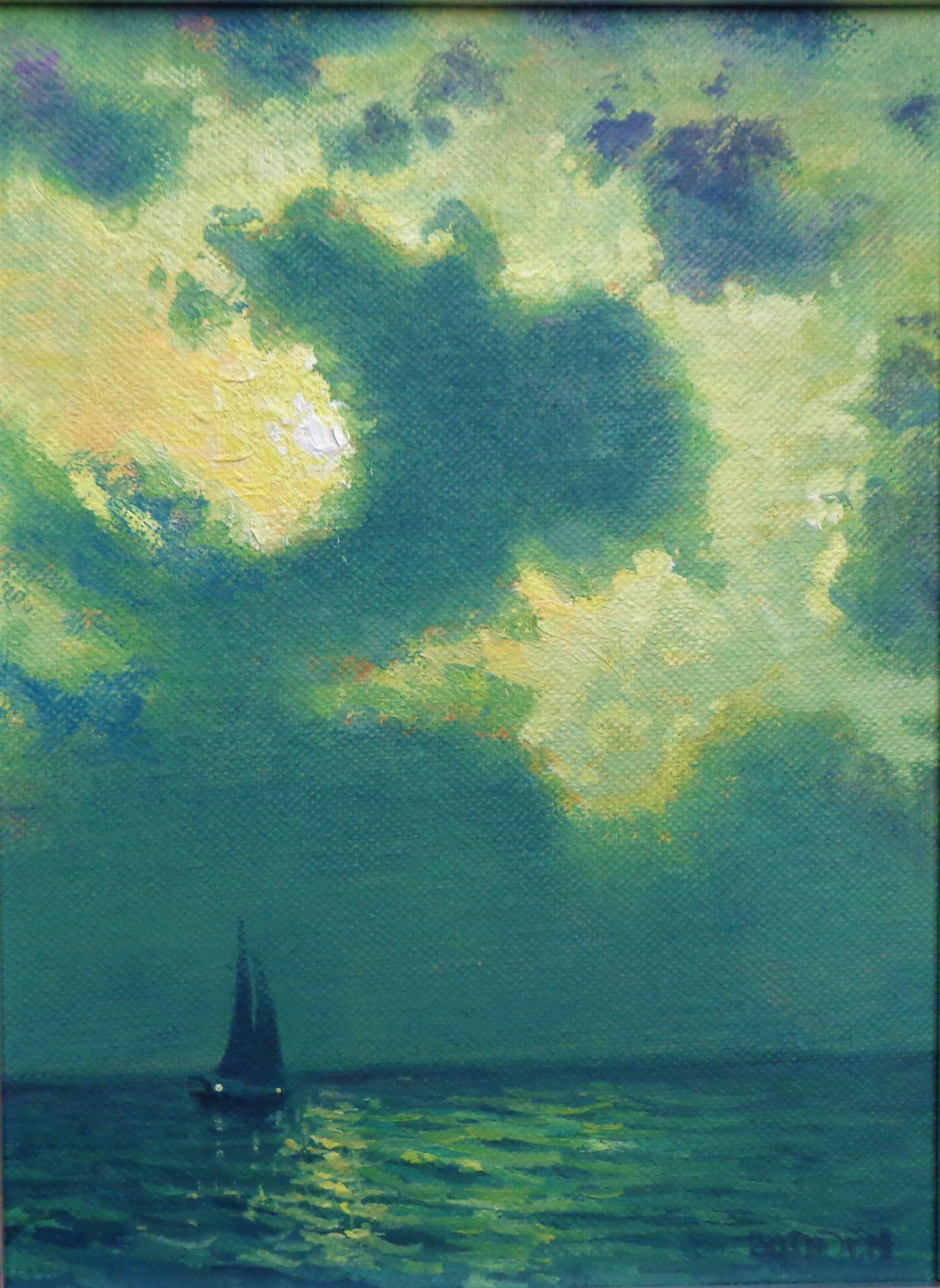 Pittura impressionistica paesaggio marino notturno Michael Budden Moonlight Sailing I in vendita 1
