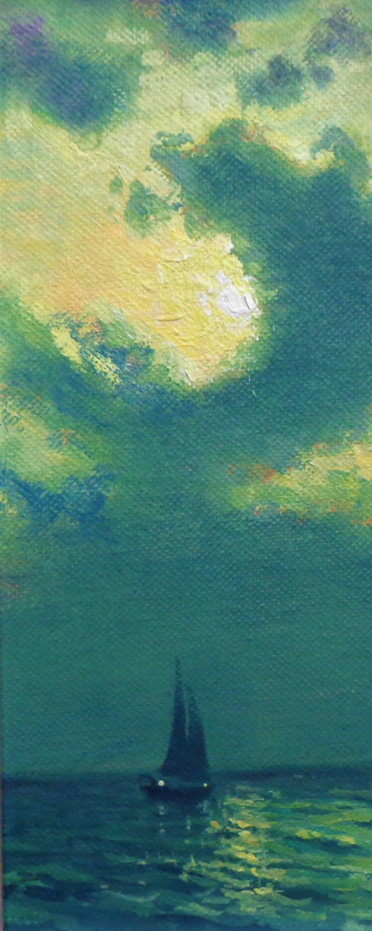 Pittura impressionistica paesaggio marino notturno Michael Budden Moonlight Sailing I in vendita 2