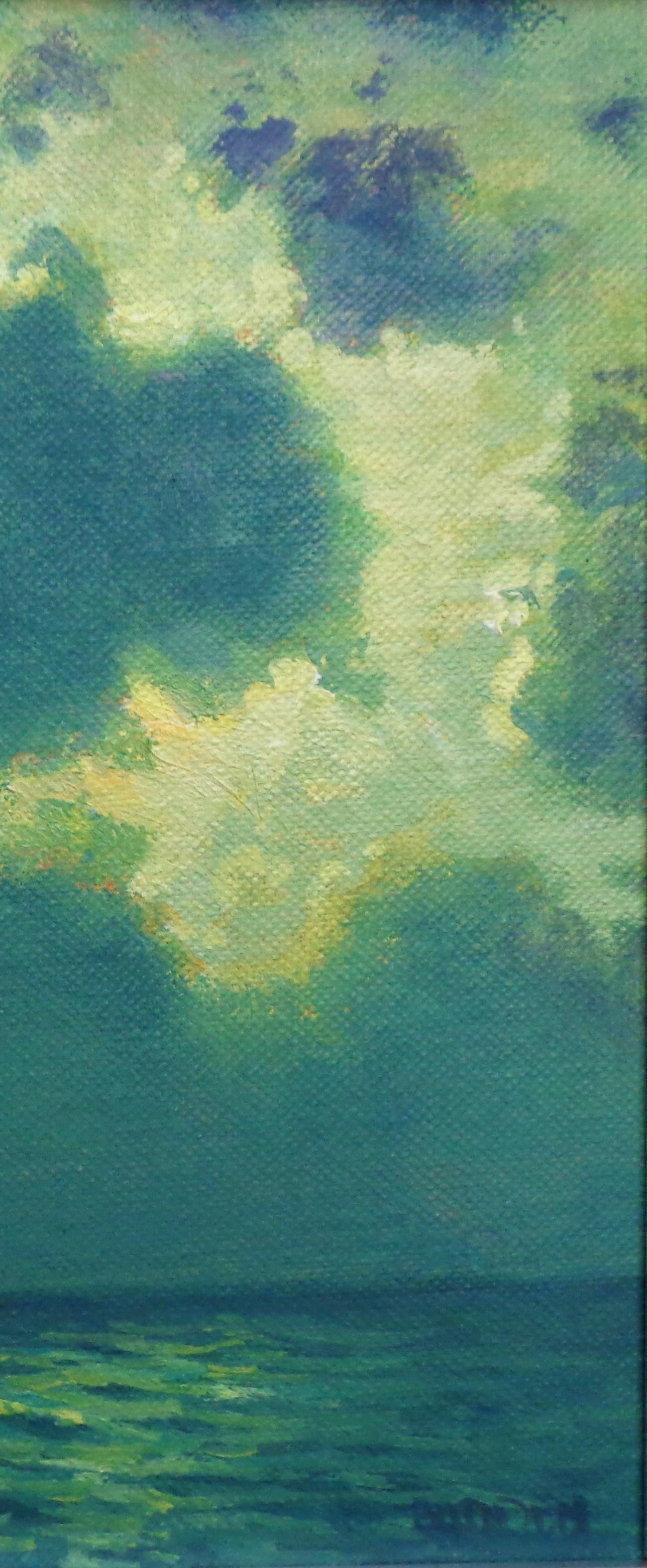 Pittura impressionistica paesaggio marino notturno Michael Budden Moonlight Sailing I in vendita 3
