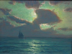 Pittura impressionistica di paesaggio marino Notturno Michael Budden Moonlight Sailing II