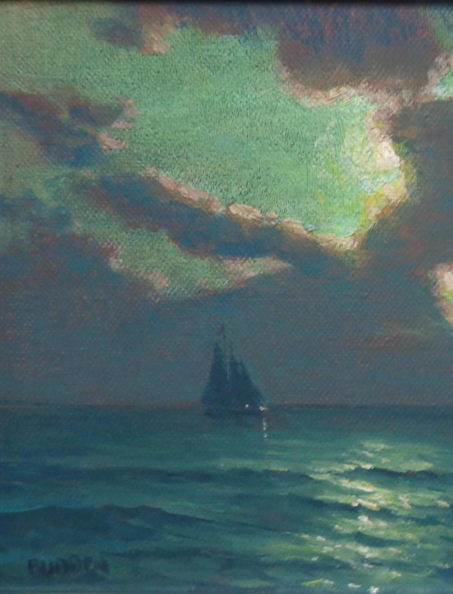 Impressionistic Seascape Nocturne Painting Michael Budden Moonlight Sailing II For Sale 2