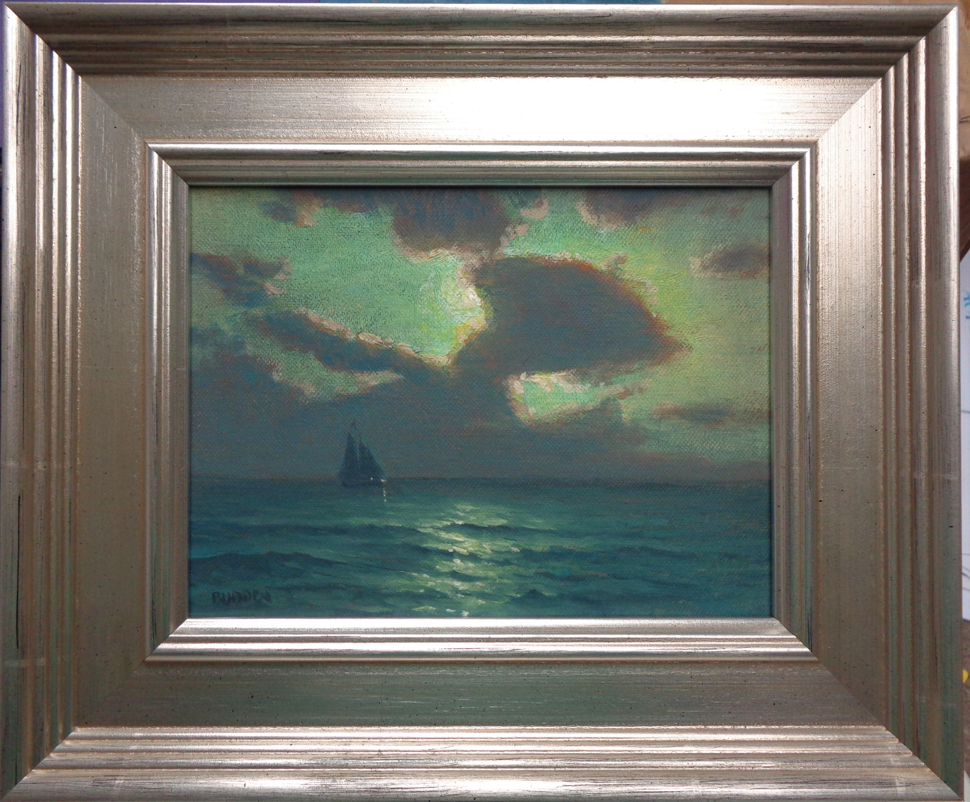  Moonrise  Sailing II
oil/panel 6 x 8 image
 Moonrise Sailing II is an oil painting on canvas panel by award winning contemporary artist Michael Budden that showcases a uniquely beautiful moonlit view of the ocean. This painting is part of a series