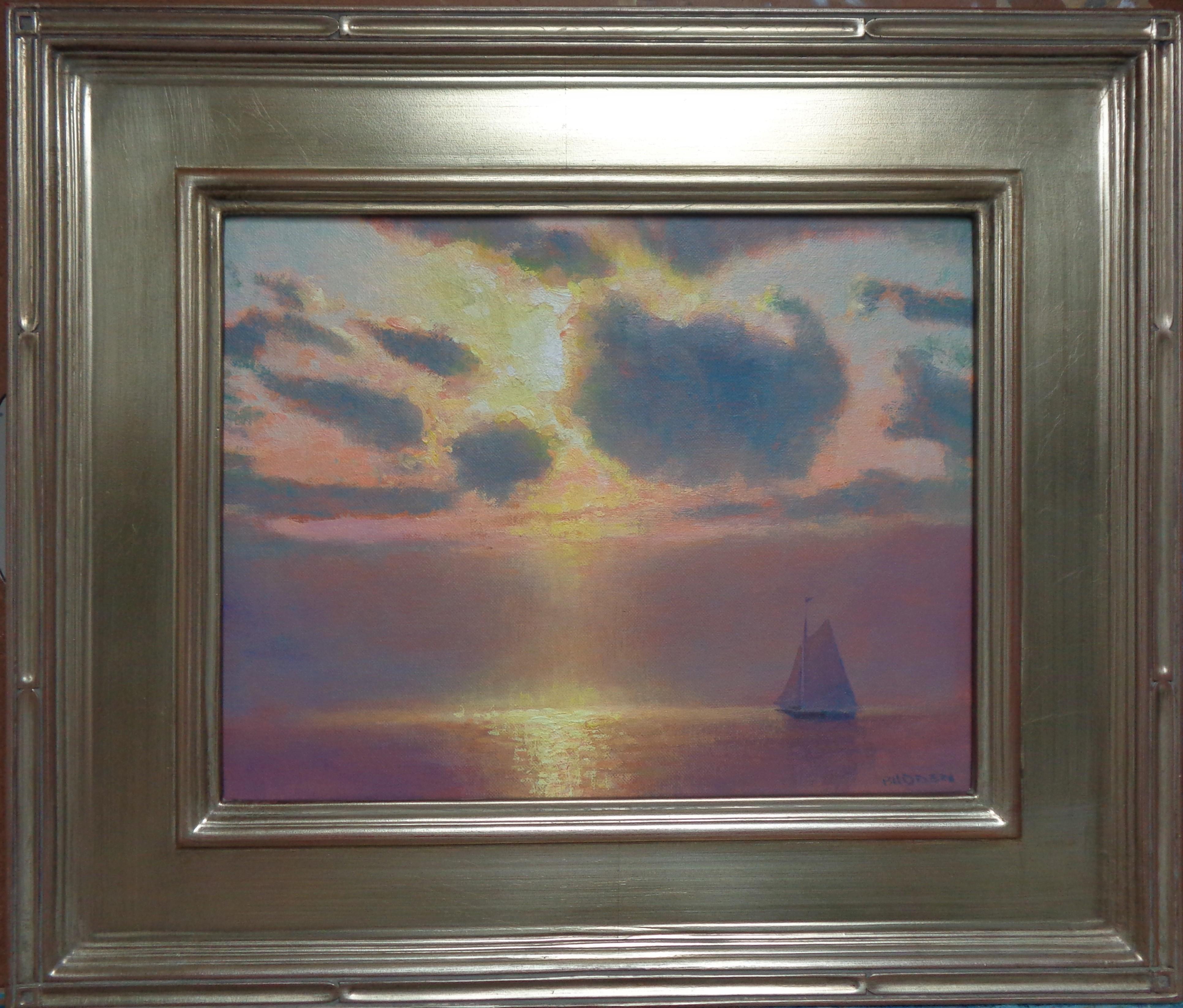 Mystical Voyage
oil/panel 11 x 14 image
Mystical Voyage is an oil painting on canvas panel by award winning contemporary artist Michael Budden that showcases a uniquely beautiful seascape with the reflection of the incredible quality of light in the