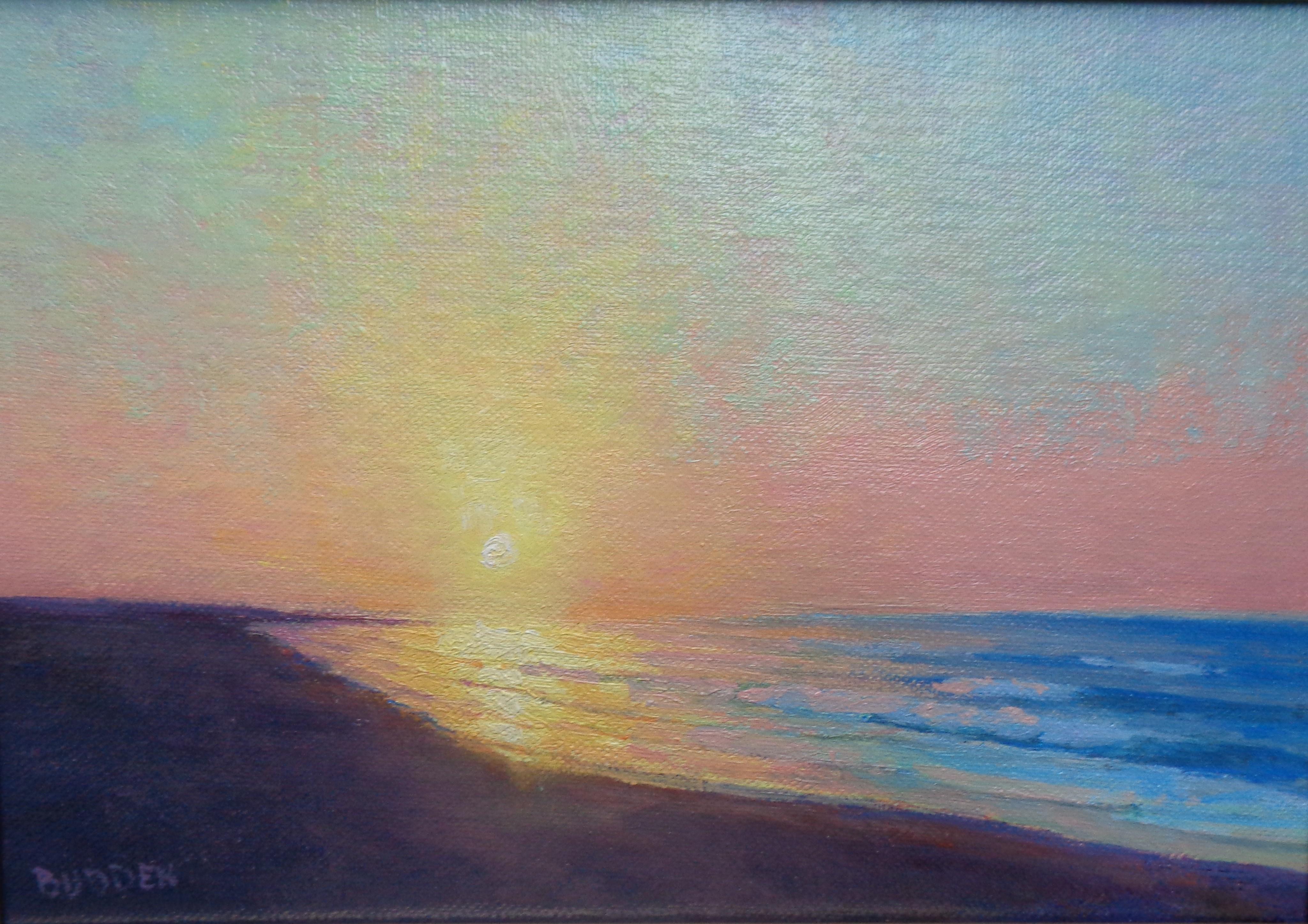Pintura Impresionista Paisaje Marino Amanecer en el Océano Michael Budden Sol Matutino en venta 1