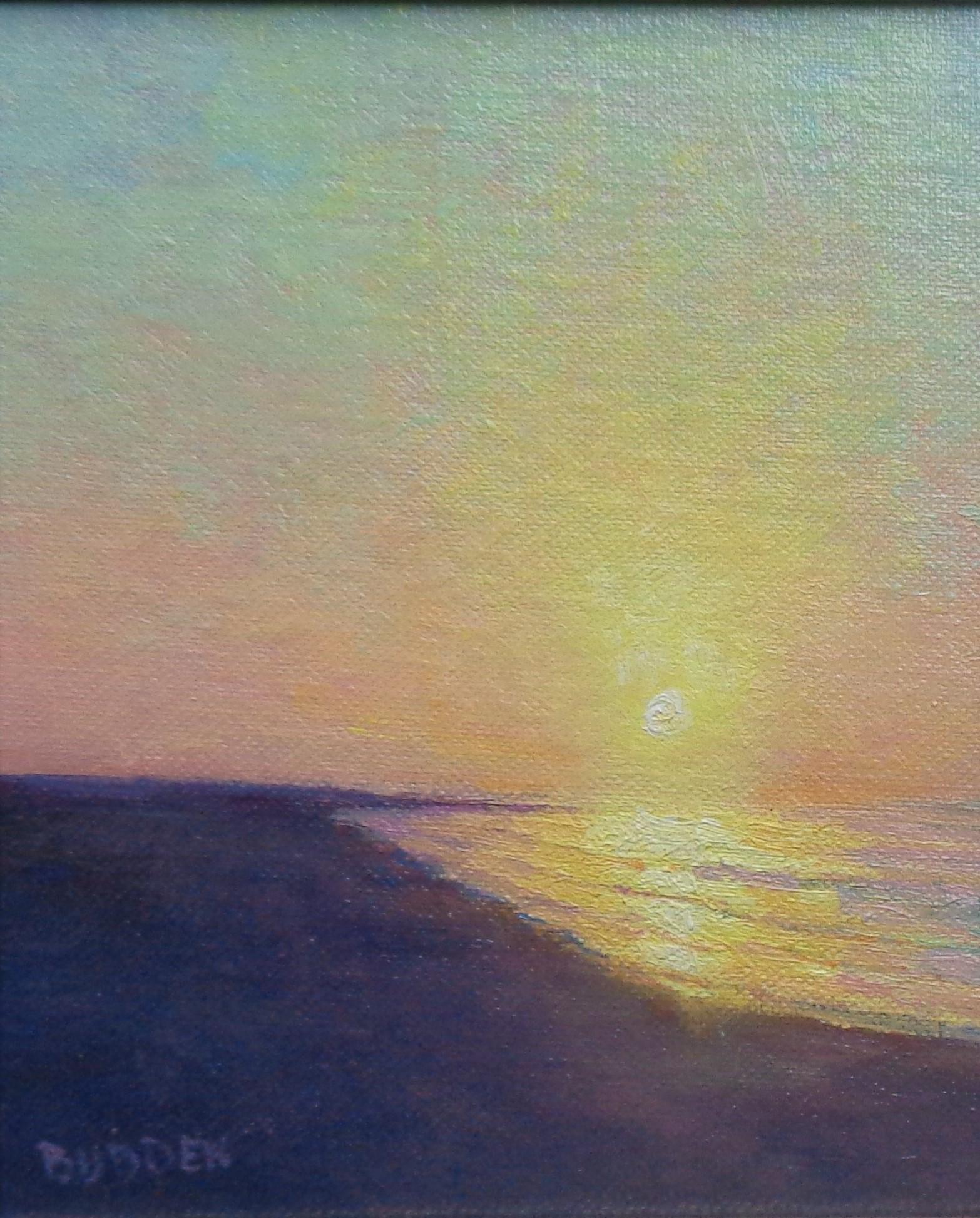 Pintura Impresionista Paisaje Marino Amanecer en el Océano Michael Budden Sol Matutino en venta 2