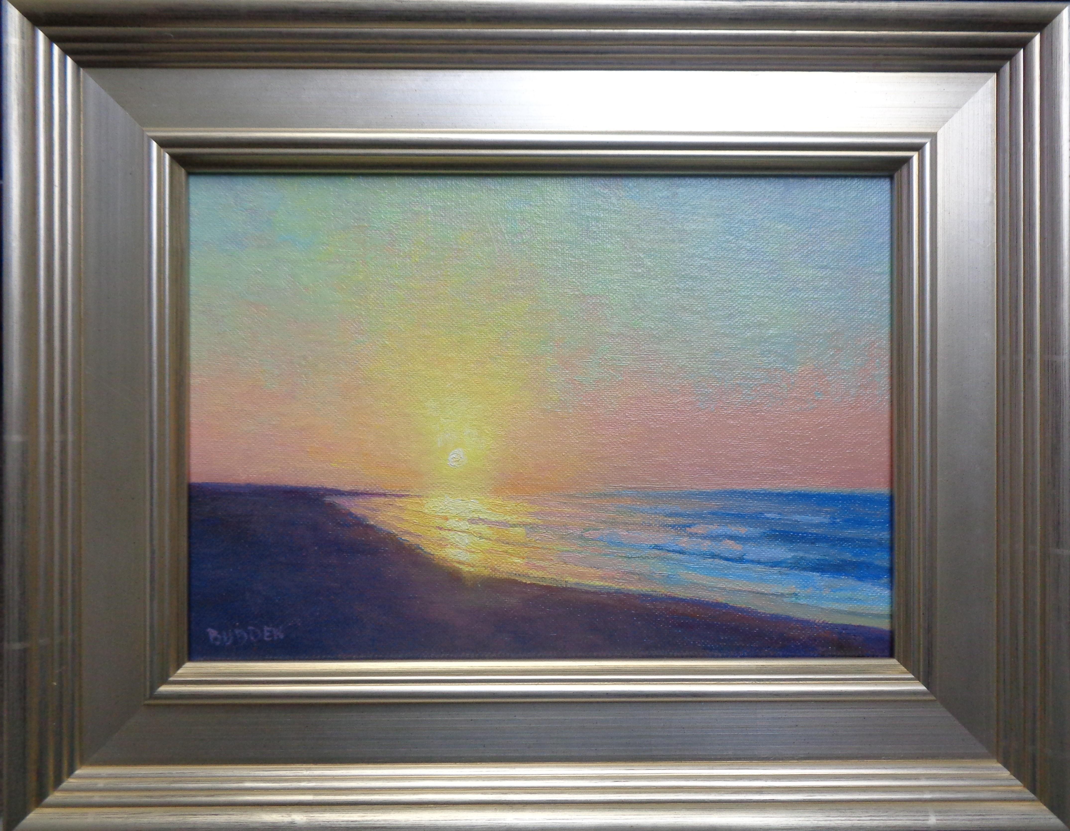 Sol de mañana
7 x 10 sin enmarcar, 10,63 x 13,63 x 1,256 x 18 x 1,5 enmarcada 
Sol matinal es un óleo sobre lienzo del galardonado artista contemporáneo Michael Budden que muestra un paisaje marino de belleza única con el reflejo de la increíble