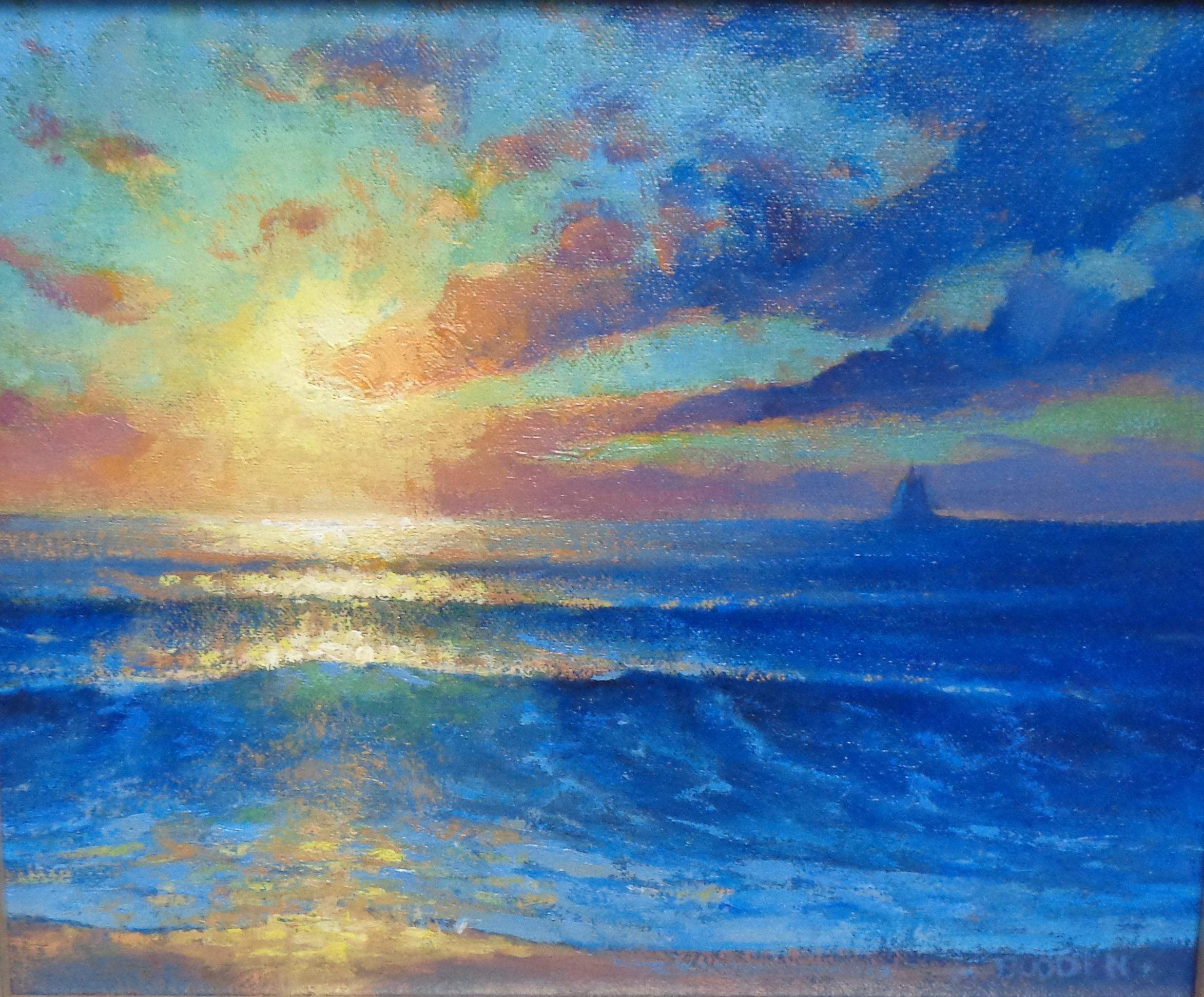 Pintura Impresionista Paisaje Marino Amanecer en el Océano Michael Budden Espectáculo del Amanecer en venta 1