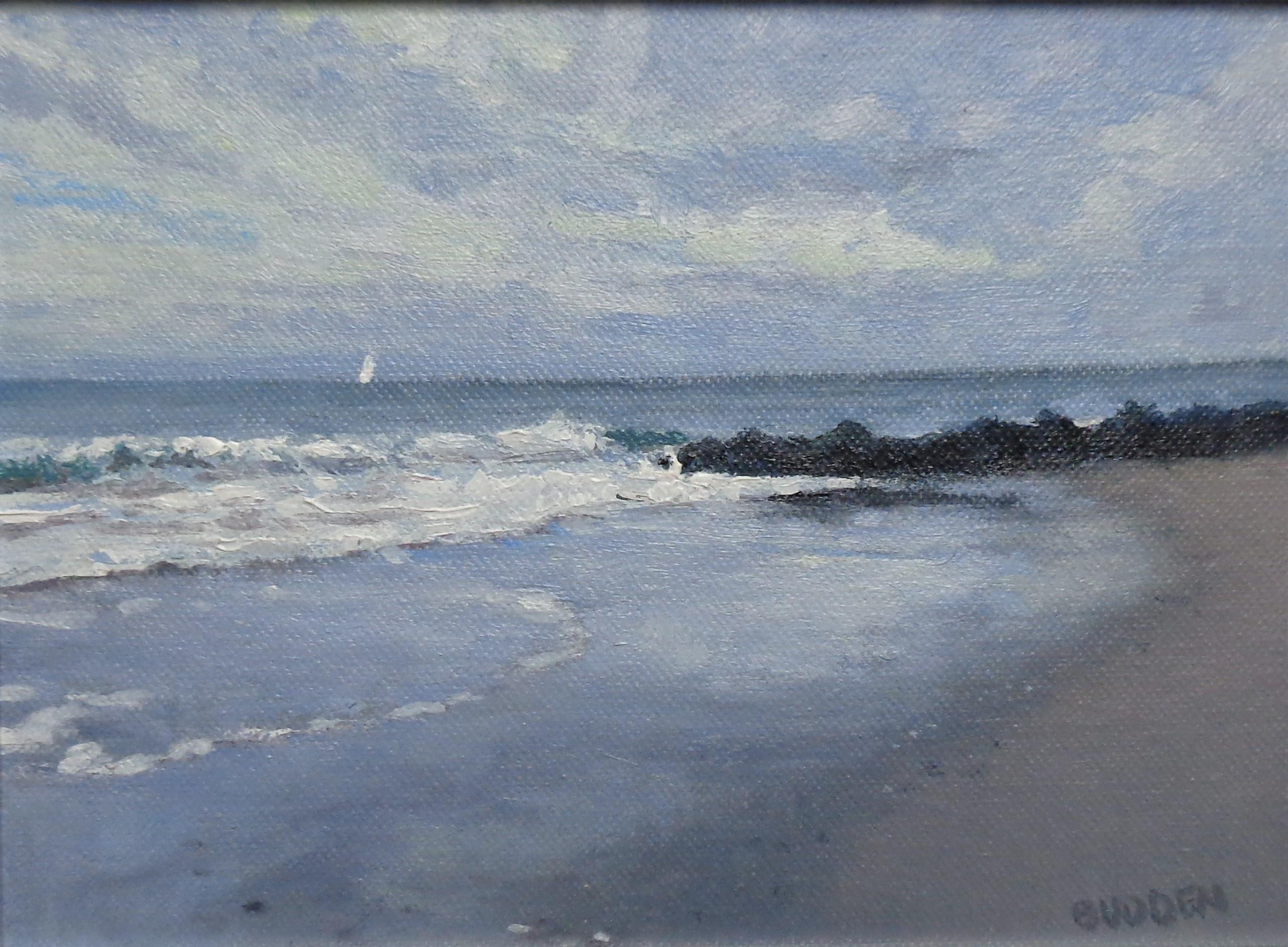 Paisaje marino impresionista Pintura al óleo Michael Budden Playa Océano Vela Barco Surf en venta 1