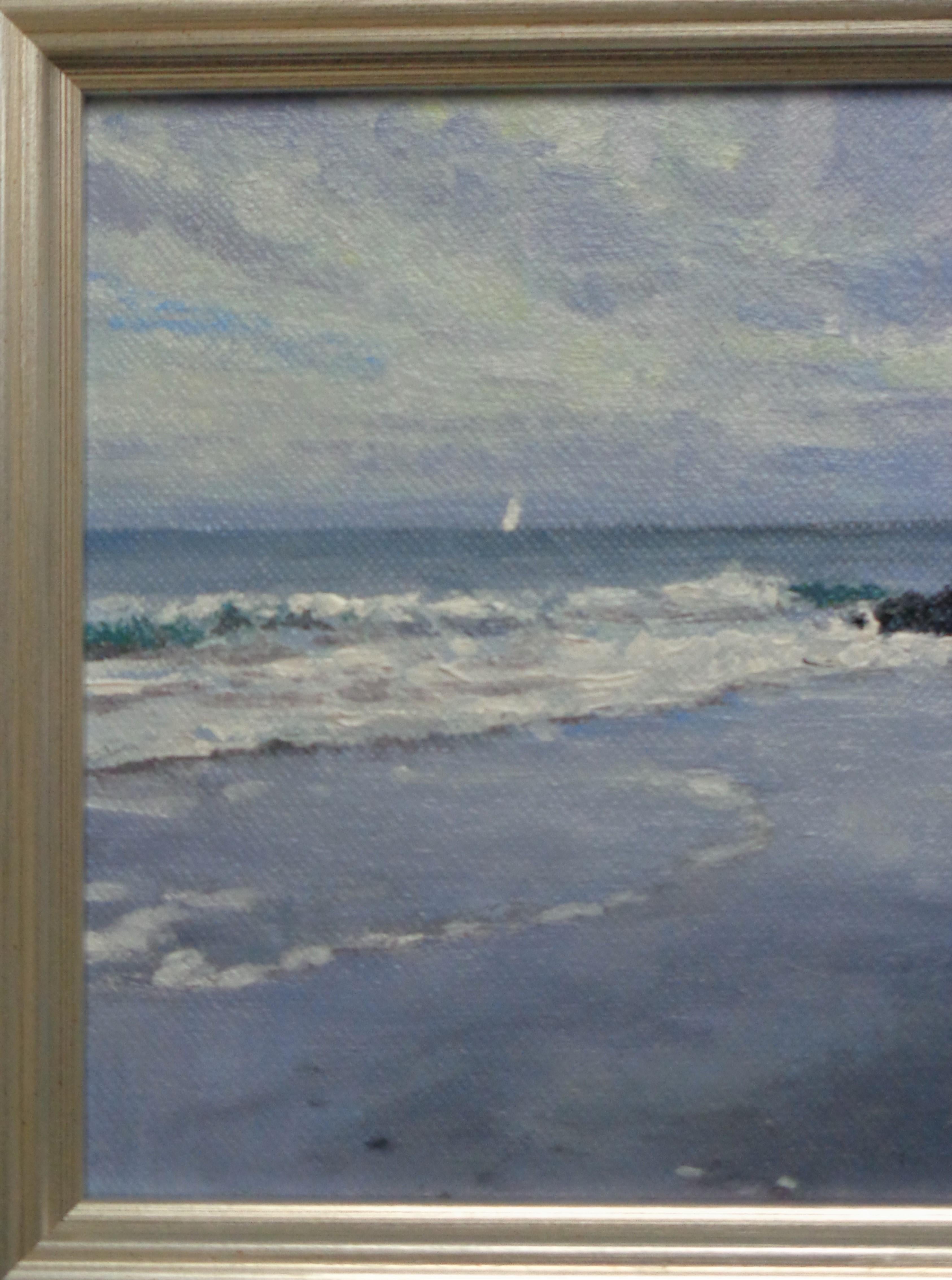 Paisaje marino impresionista Pintura al óleo Michael Budden Playa Océano Vela Barco Surf en venta 2