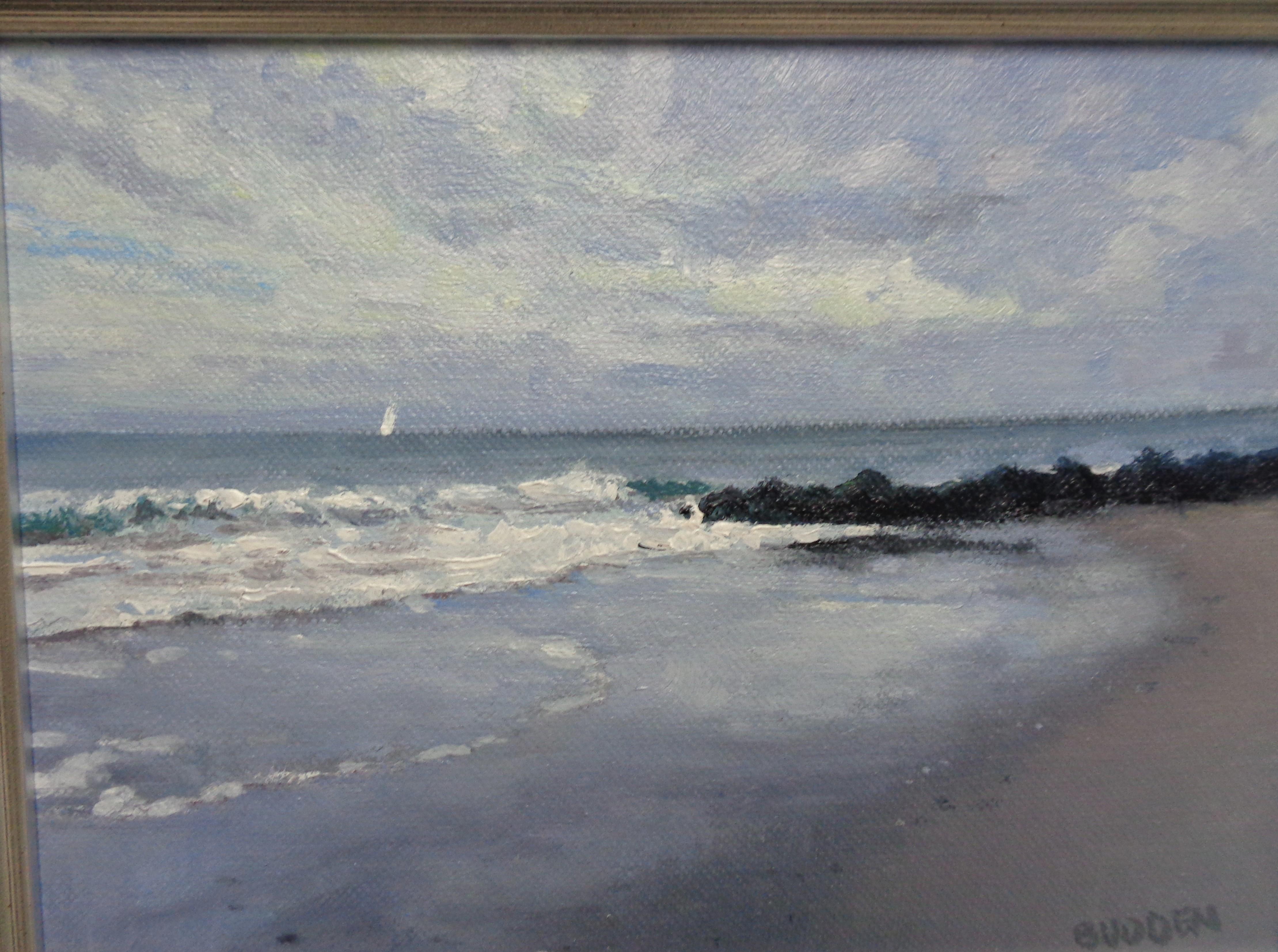 Paisaje marino impresionista Pintura al óleo Michael Budden Playa Océano Vela Barco Surf en venta 3