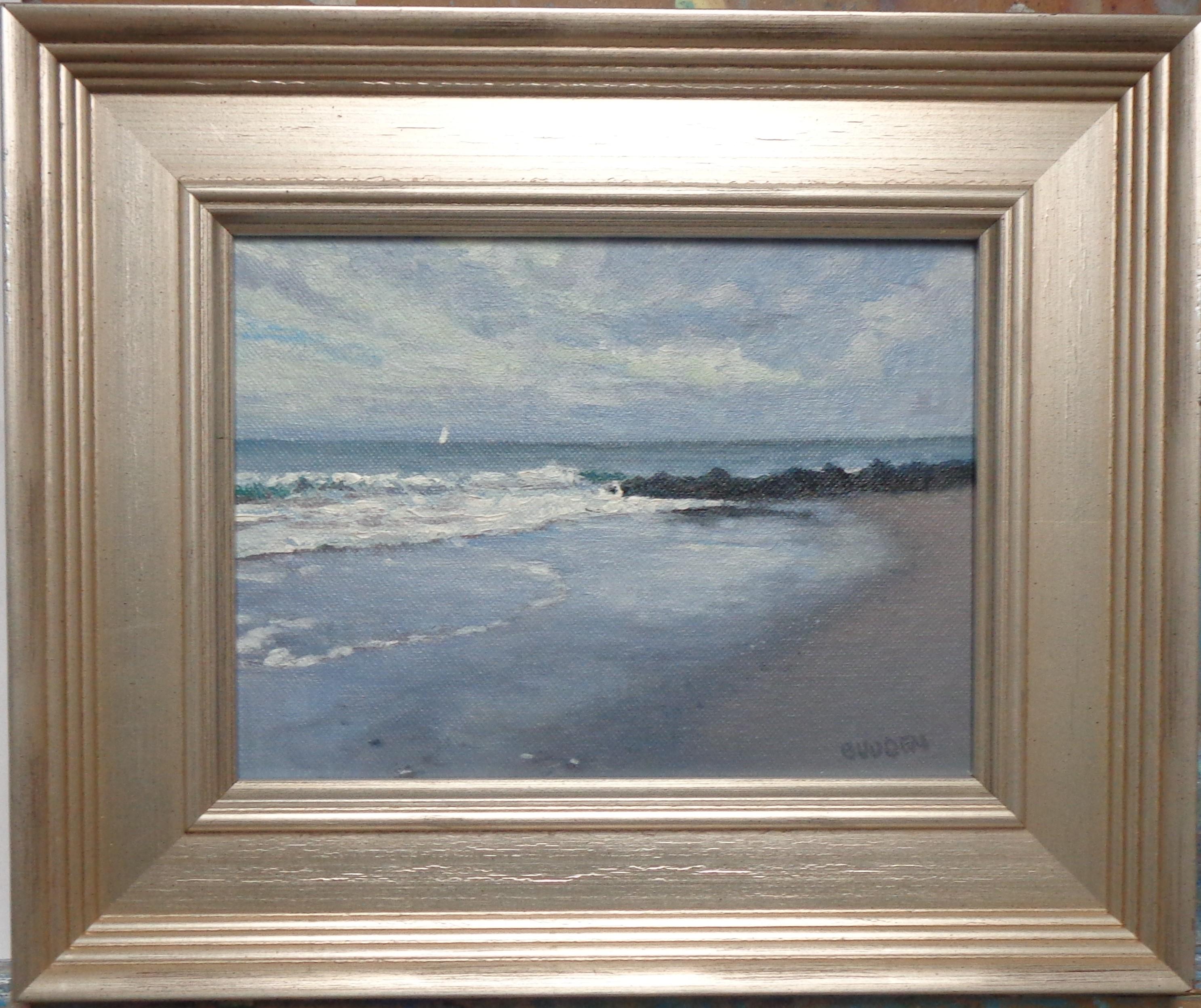 An oil painting on panel by award winning contemporary artist Michael Budden that showcases a single sail boat on a subtle grey day at the beach with clearing skies created in an impressionistic realism style. The image measure 6 x 8 unframed.