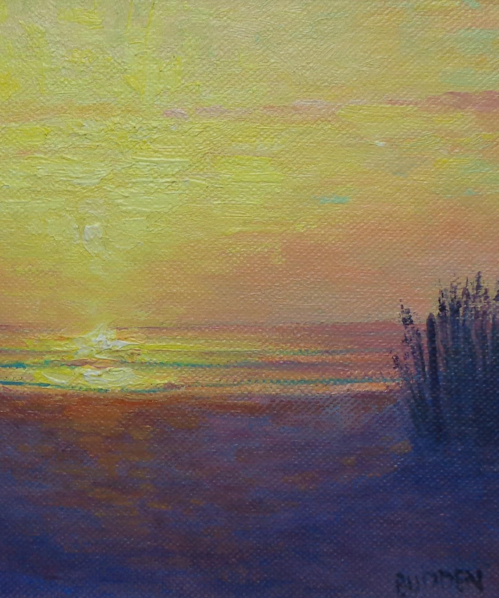 Paisaje marino impresionista Pintura al óleo Michael Budden Colores del amanecer en venta 3