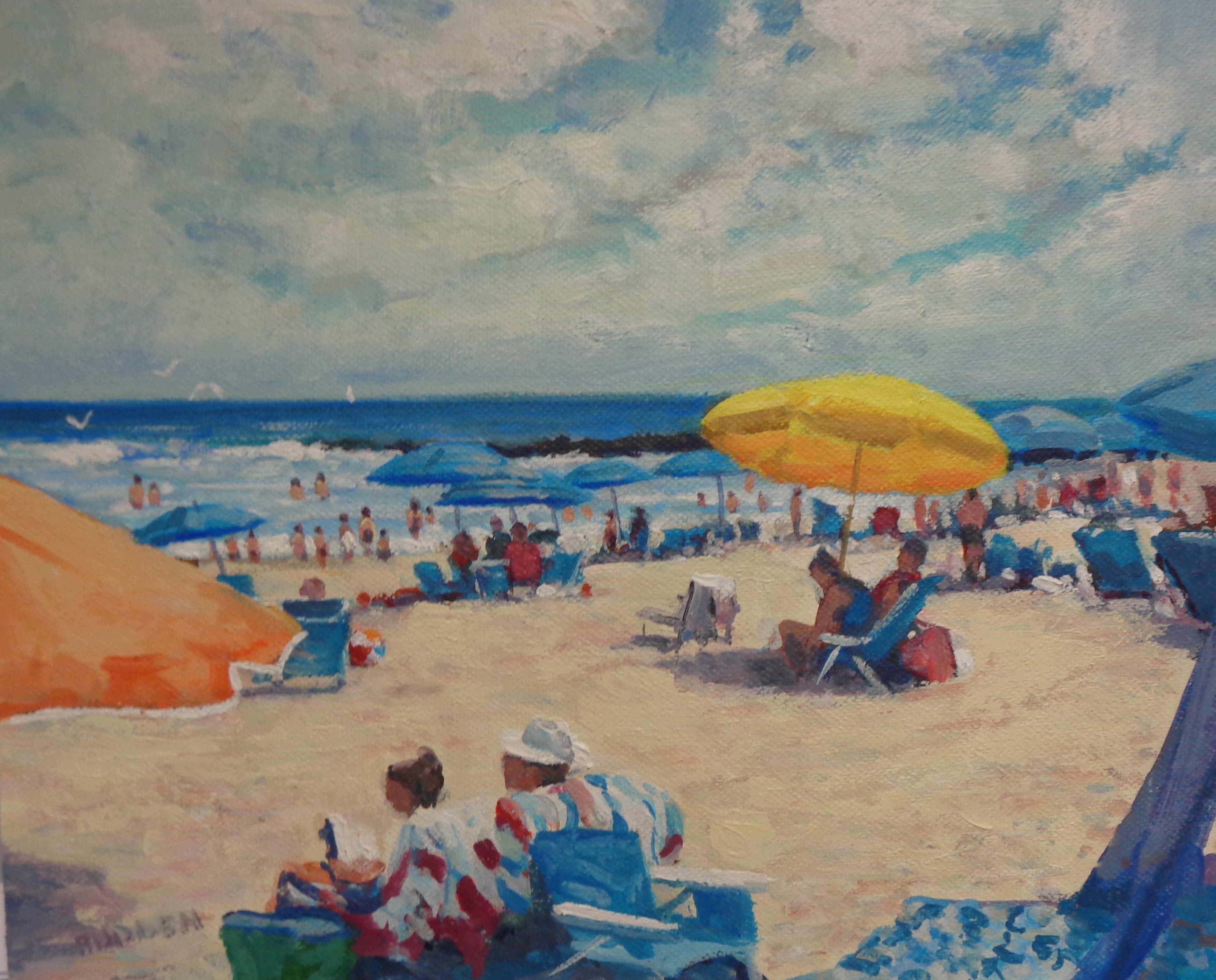 Pintura impresionista de paisaje marino Michael Budden Día de playa Gente Barcos Pájaros en venta 1