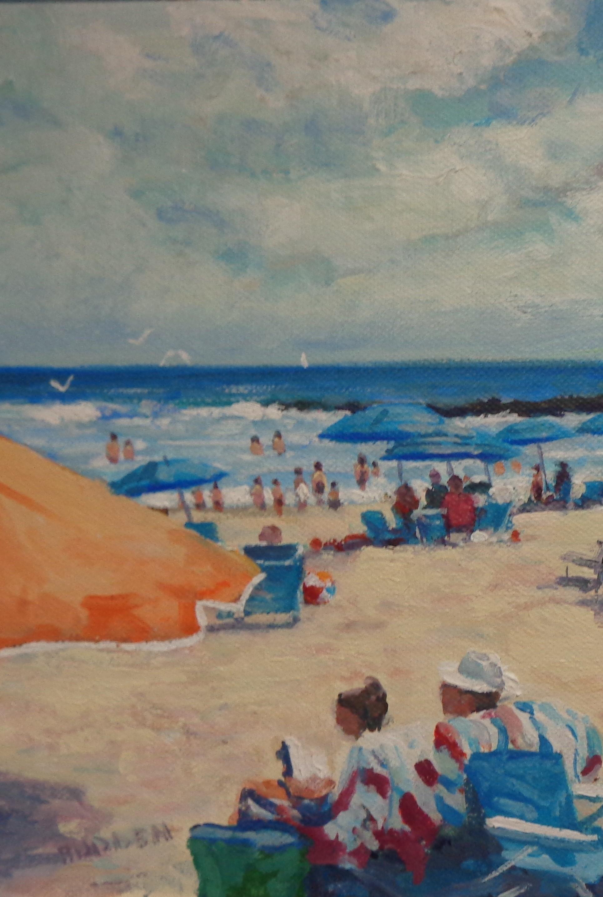 Pintura impresionista de paisaje marino Michael Budden Día de playa Gente Barcos Pájaros en venta 2