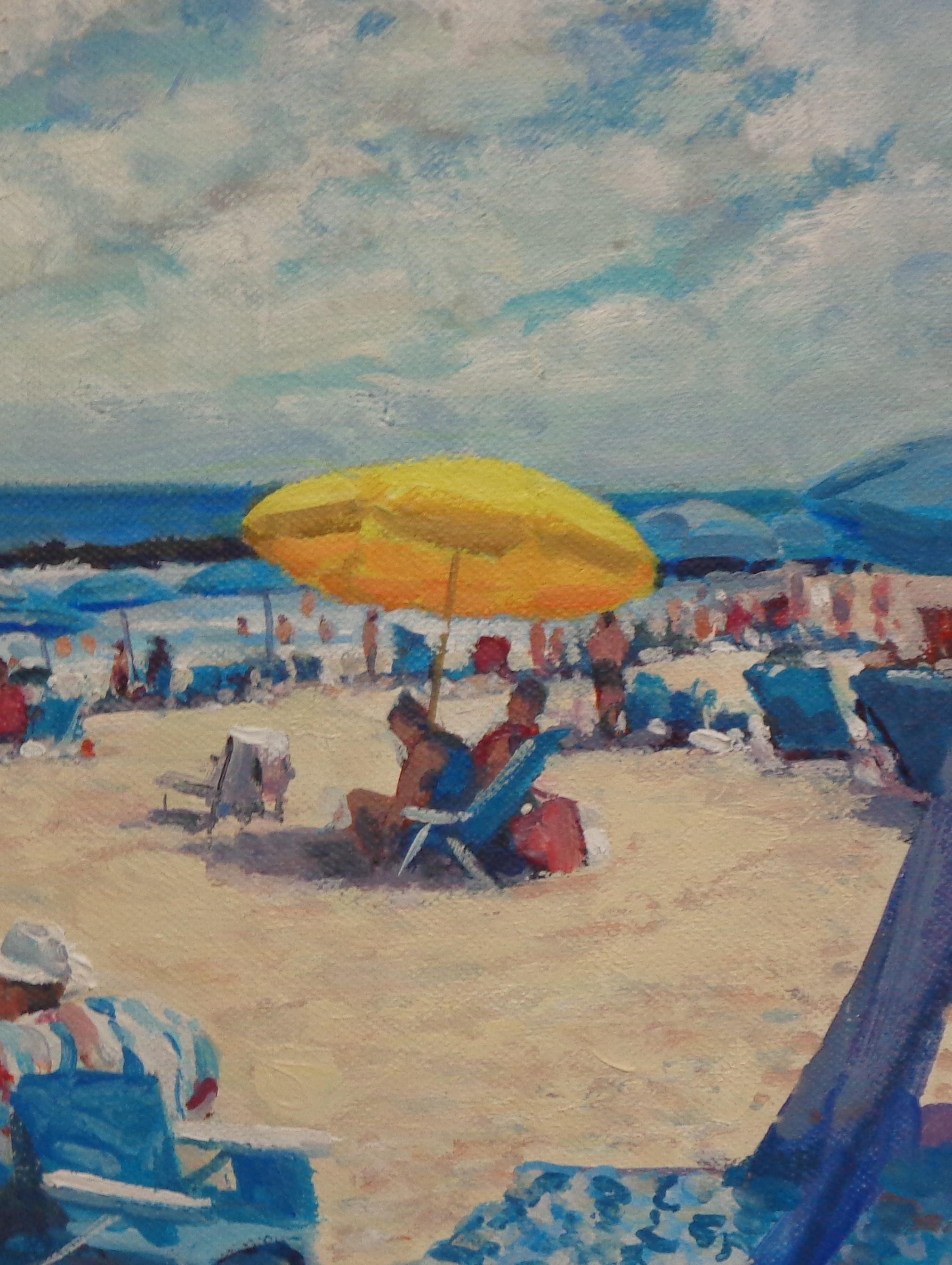 Pintura impresionista de paisaje marino Michael Budden Día de playa Gente Barcos Pájaros en venta 3