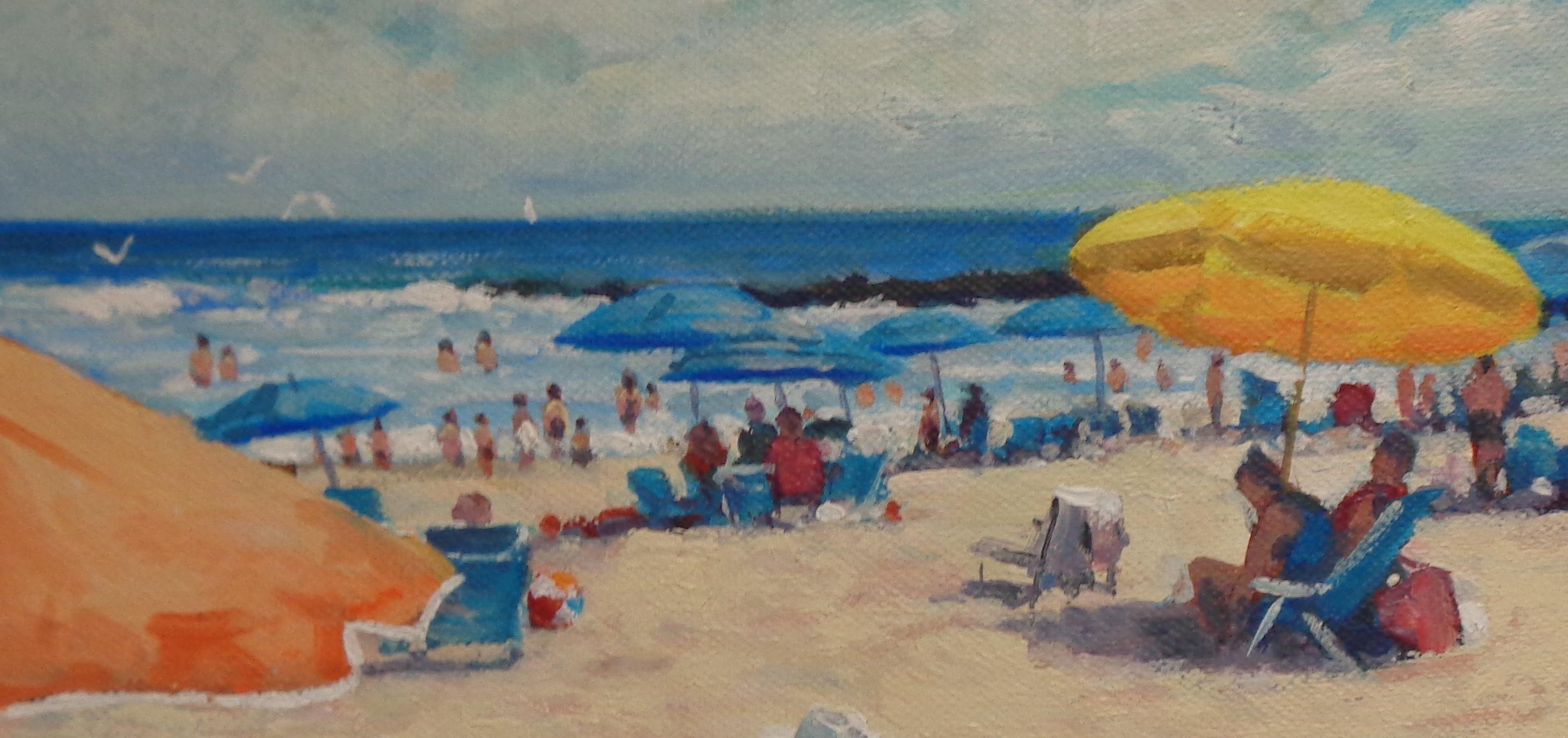 Pintura impresionista de paisaje marino Michael Budden Día de playa Gente Barcos Pájaros en venta 4