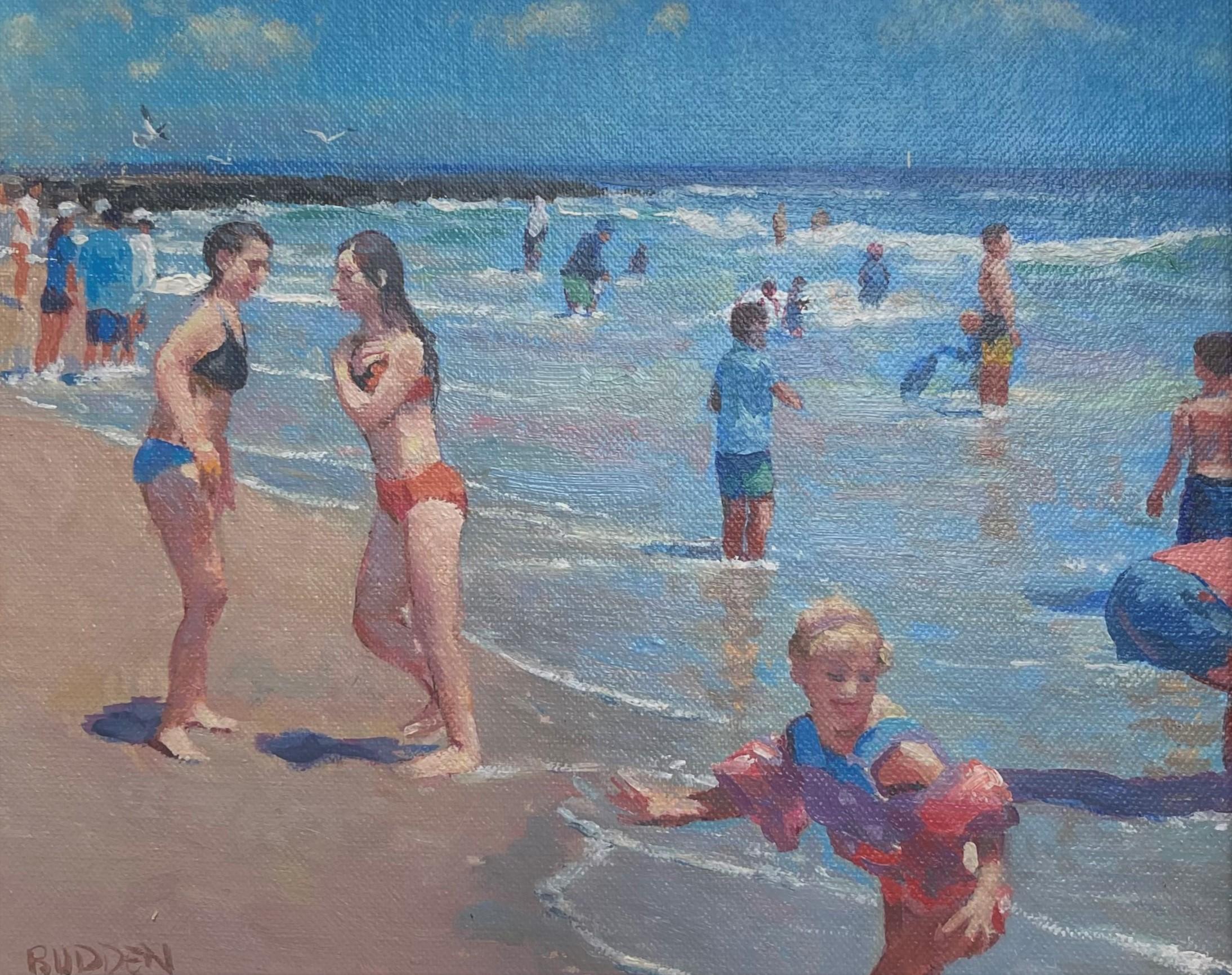 Pintura impresionista de paisajes marinos Michael Budden Juego en la playa V en venta 1
