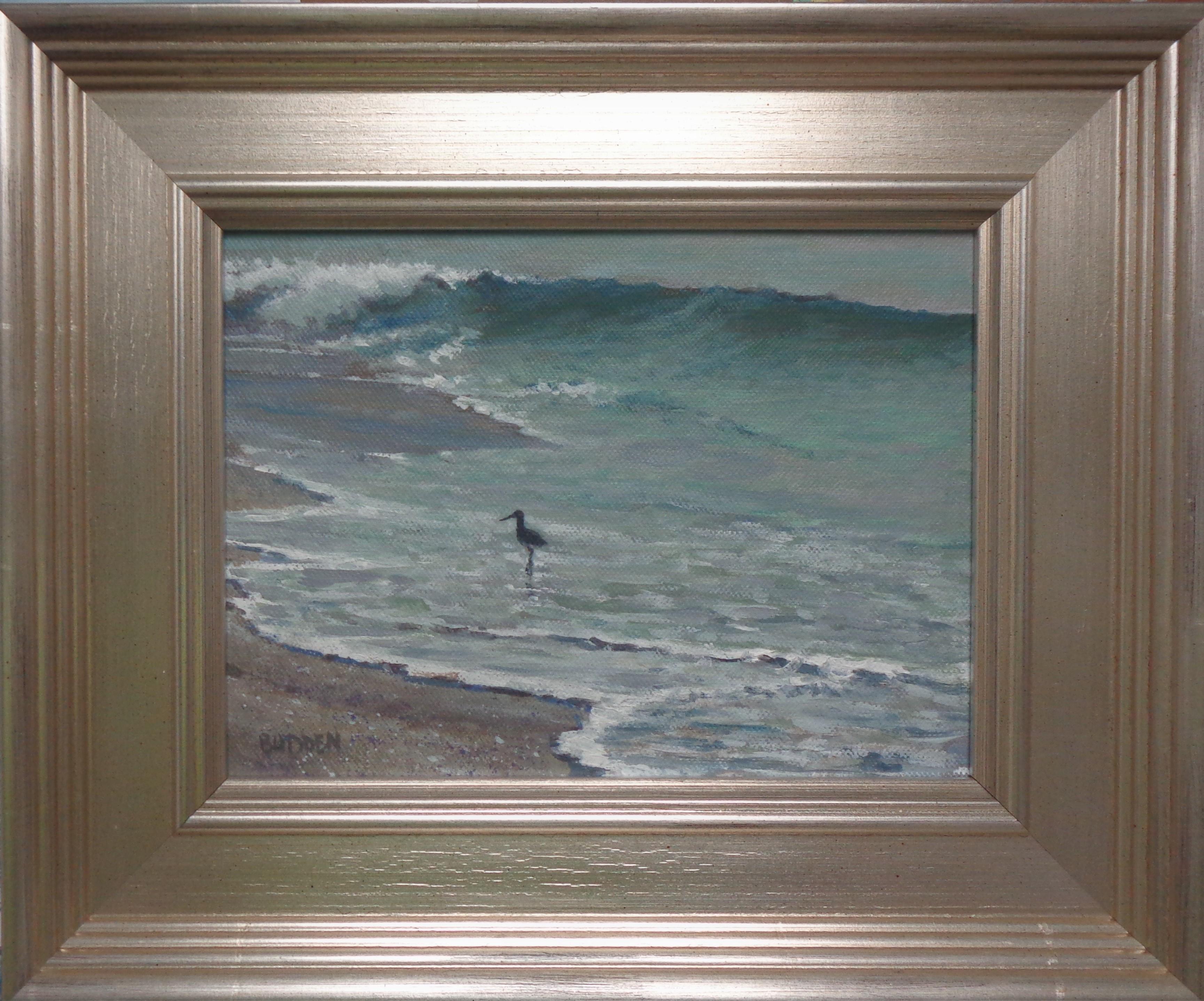  Coastal Wader
oil/panel 6 x 8 image
Coastal Wader is an oil painting on canvas panel by award winning contemporary artist Michael Budden that showcases a uniquely beautiful shoreline with a wading bird among gentle waves. This painting is part of a