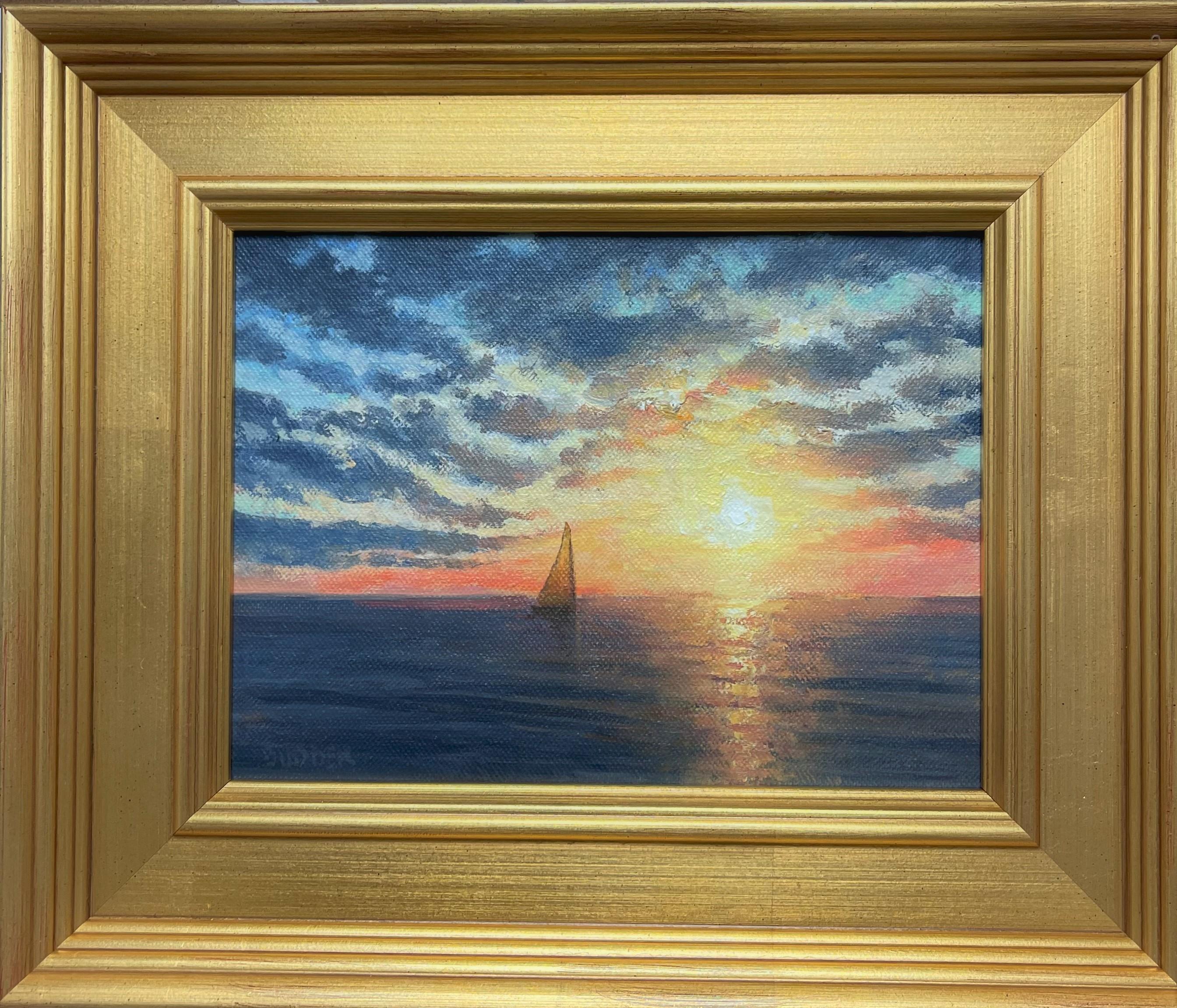 Morning Sun Series
oil/panel 6 x 8 image
Morning Sun  is an oil painting on canvas panel by award winning contemporary artist Michael Budden that showcases a uniquely beautiful seascape with a sail boat on the distant horizon in the glowing morning