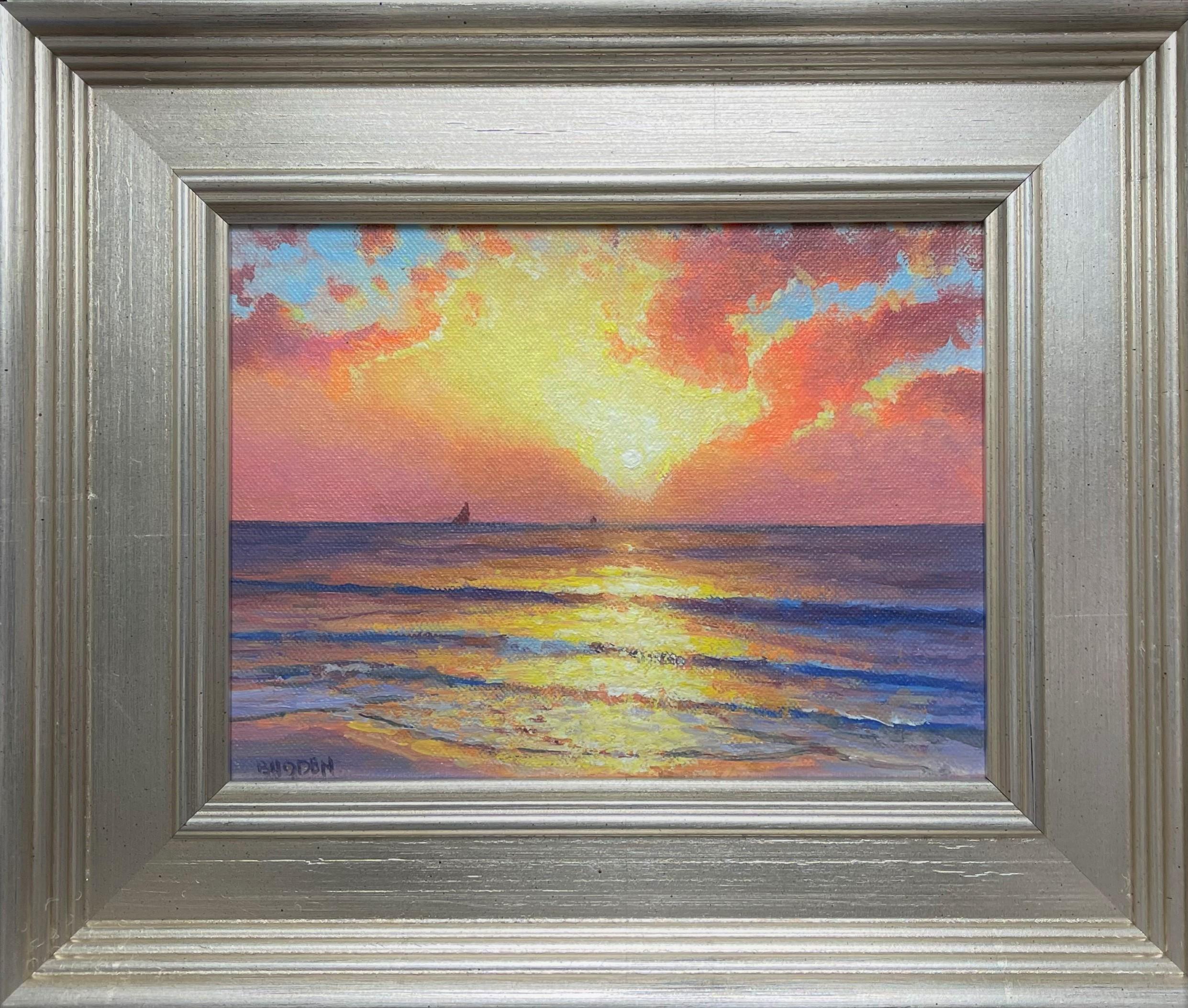 Morning Sun III
oil/panel 6 x 8 image
Morning Sun III is an oil painting on canvas panel by award winning contemporary artist Michael Budden that showcases a uniquely beautiful seascape nocturne with sail boats on the distant horizon.. This painting