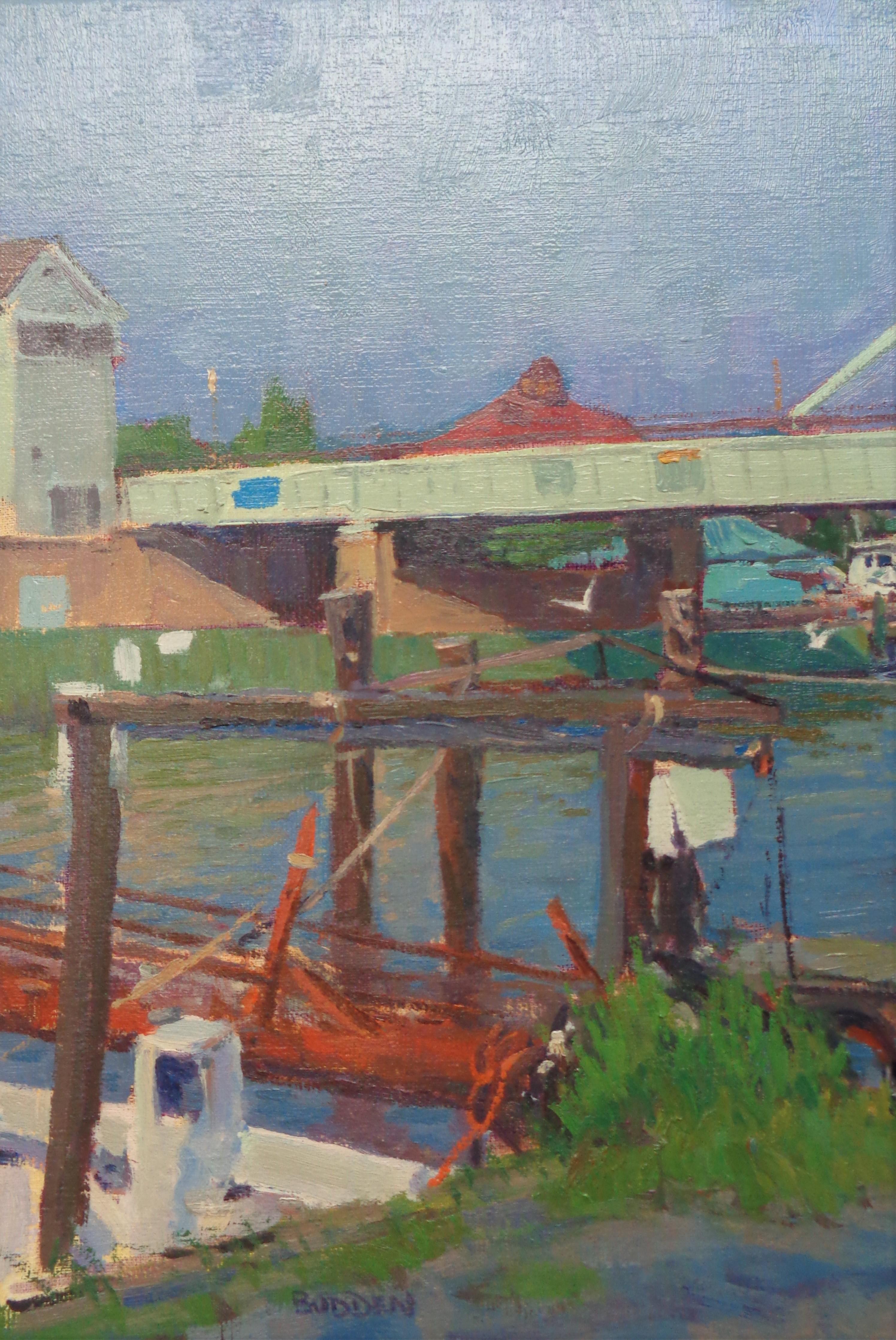 Pittura impressionistica del paesaggio marino Michael Budden Tilghman Island Marina MD 1
