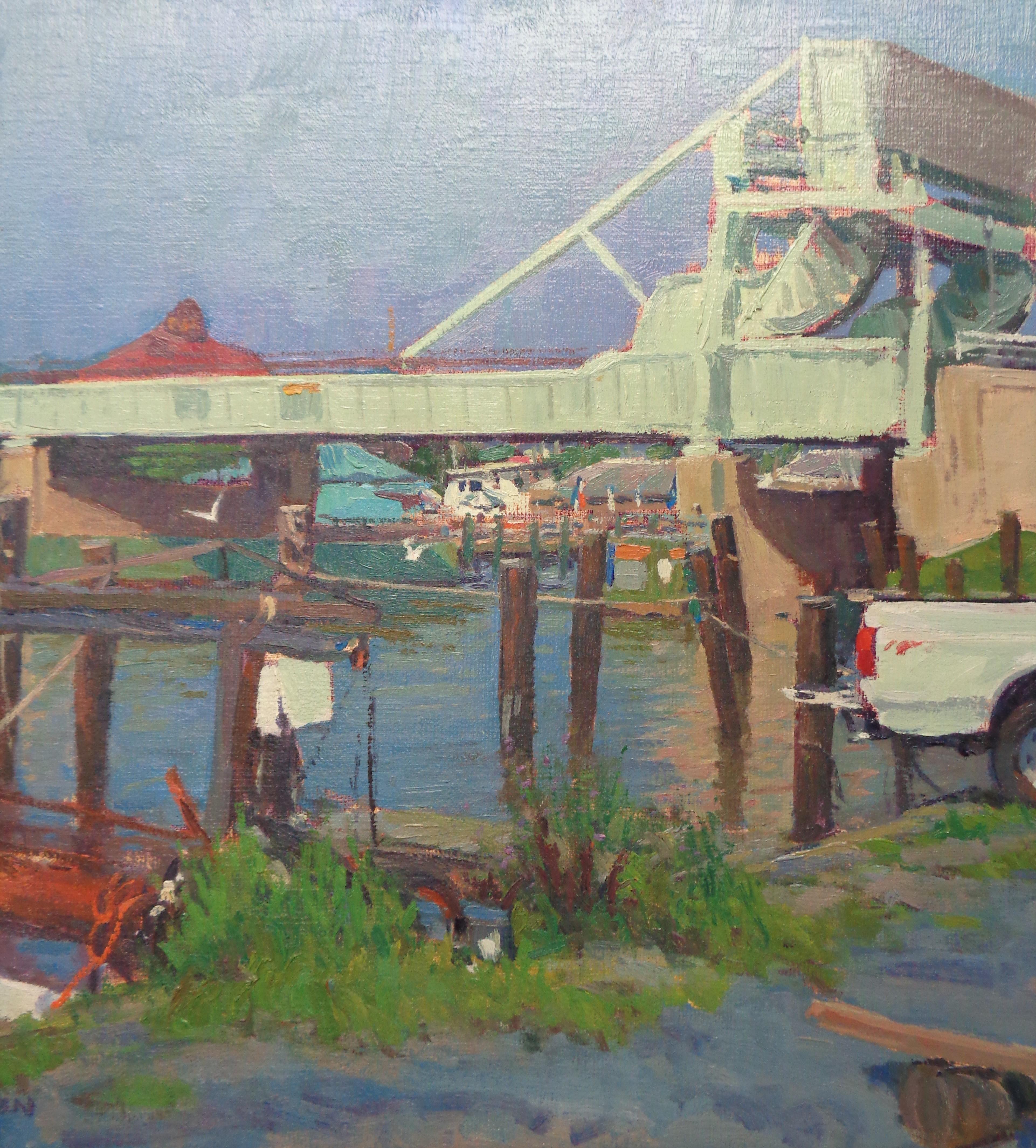Pittura impressionistica del paesaggio marino Michael Budden Tilghman Island Marina MD 2